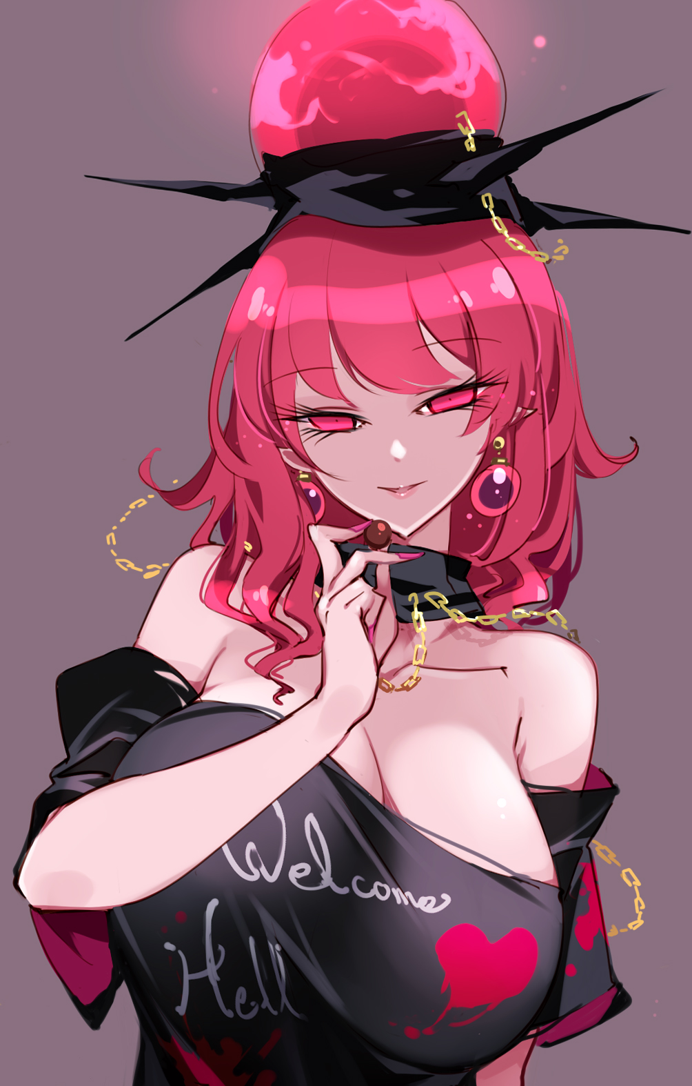 bare_shoulders black_choker black_headwear black_shirt breasts candy chains chocolate choker clothes_writing collarbone commentary_request earrings eyelashes female fingernails food gold_chain half-closed_eyes hand_up heart heart_print hecatia_lapislazuli highres holding holding_food jewelry large_breasts lips long_fingernails looking_at_viewer medium_hair nail_polish off-shoulder_shirt off_shoulder open_mouth pink_eyes pink_hair pink_nails pointy_ears polos_crown purple_background raptor7 shirt short_sleeves simple_background smile solo t-shirt touhou underworld_(ornament)