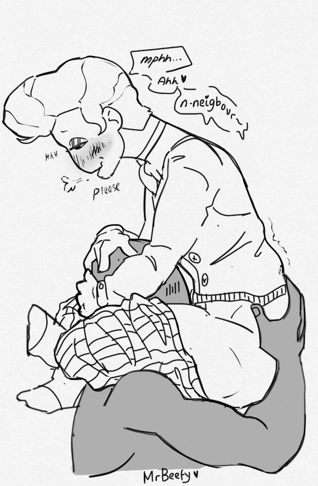ambiguous gender, blowjob, blush, clothed, deepthroat, faceless character, head grab, implied deepthroat, implied oral, male, male/ambiguous, oral, shorter male, sitting on person, wally darling (welcome home), welcome home (puppet show)