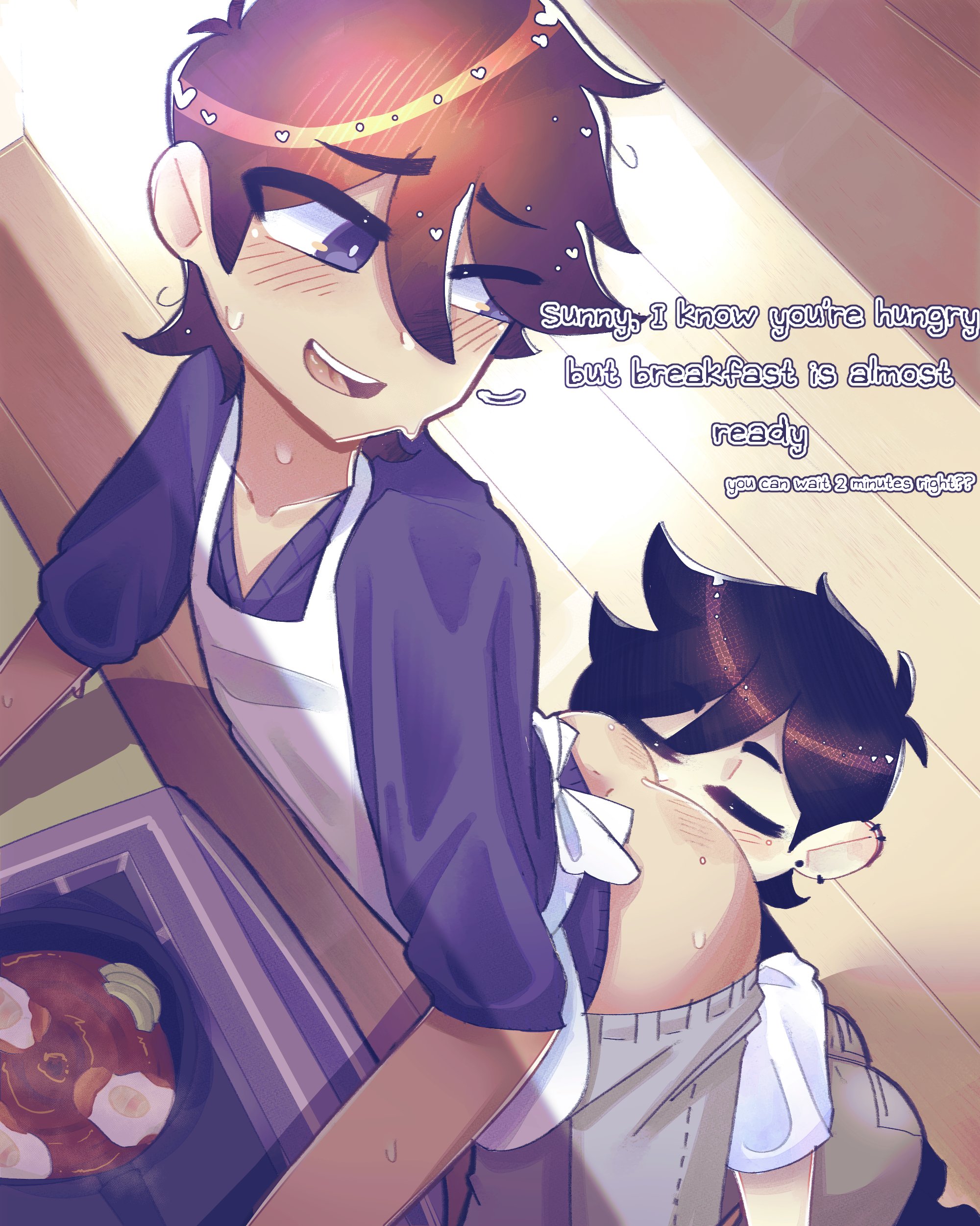 2boys, ass eating, blush, closed eyes, clothed, cooking, eating ass, eyeinfectiion, gay, hero (omori), interracial, looking back, male, mozzaremi, omori, pierced ears, piercing, piercings, rimming, sunny (omori), text