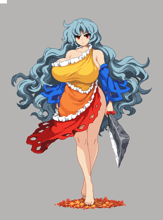 autumn_leaves bare_legs bare_shoulders barefoot breasts commentary_request detached_sleeves dress female frown grey_background hatchet holding holding_weapon huge_breasts long_hair looking_at_viewer lowres multicolored_clothes multicolored_dress namako_(takorin) nata_(tool) nemuno_sakata pixel_art red_eyes sakata_nemuno silver_hair simple_background single_strap solo standing takorin touhou very_long_hair wavy_hair weapon wide_hips wide_sleeves