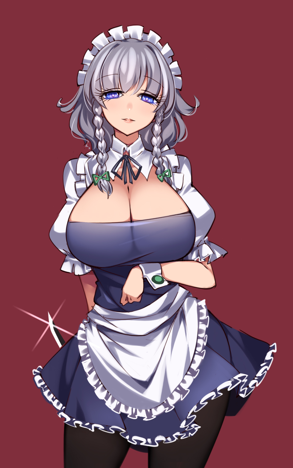 apron blue_dress blue_eyes bow braid breasts dress female frilled_apron frilled_skirt frills green_bow hairbow highres izayoi_sakuya knife large_breasts maid maid_apron maid_headdress medium_hair puffy_short_sleeves puffy_sleeves raptor7 sakuya_izayoi short_hair short_sleeves silver_hair skirt solo touhou tsurikichi_obasan twin_braids weapon