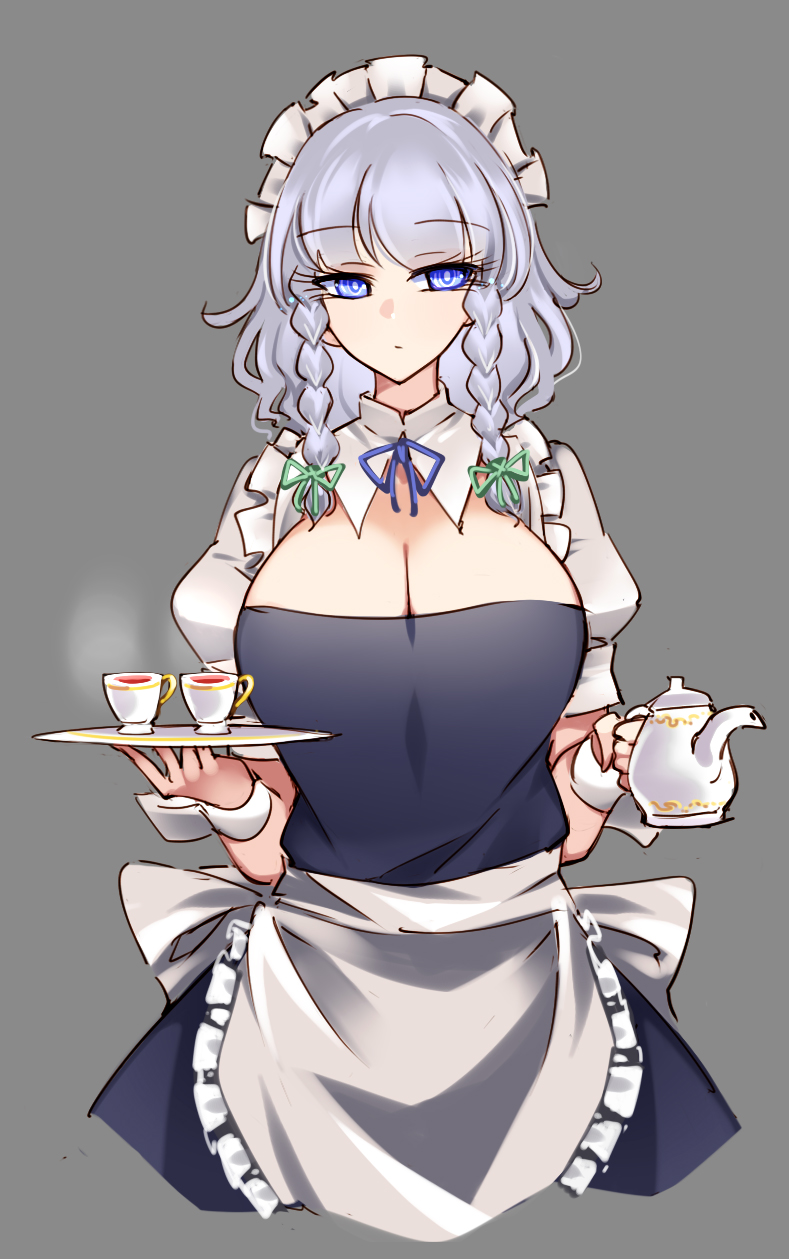 apron blue_dress blue_eyes blue_ribbon braid breasts cleavage closed_mouth commentary cowboy_shot cropped_torso cup dress female frilled_apron frills green_ribbons grey_background hair_ribbon highres holding holding_teapot holding_tray izayoi_sakuya large_breasts maid maid_apron maid_headdress neck_ribbon puffy_short_sleeves puffy_sleeves raptor7 ribbon sakuya_izayoi short_hair short_sleeves silver_hair simple_background solo straight-on symbol-only_commentary tea teacup teapot touhou tray tress_ribbon twin_braids upper_body waist_apron white_apron