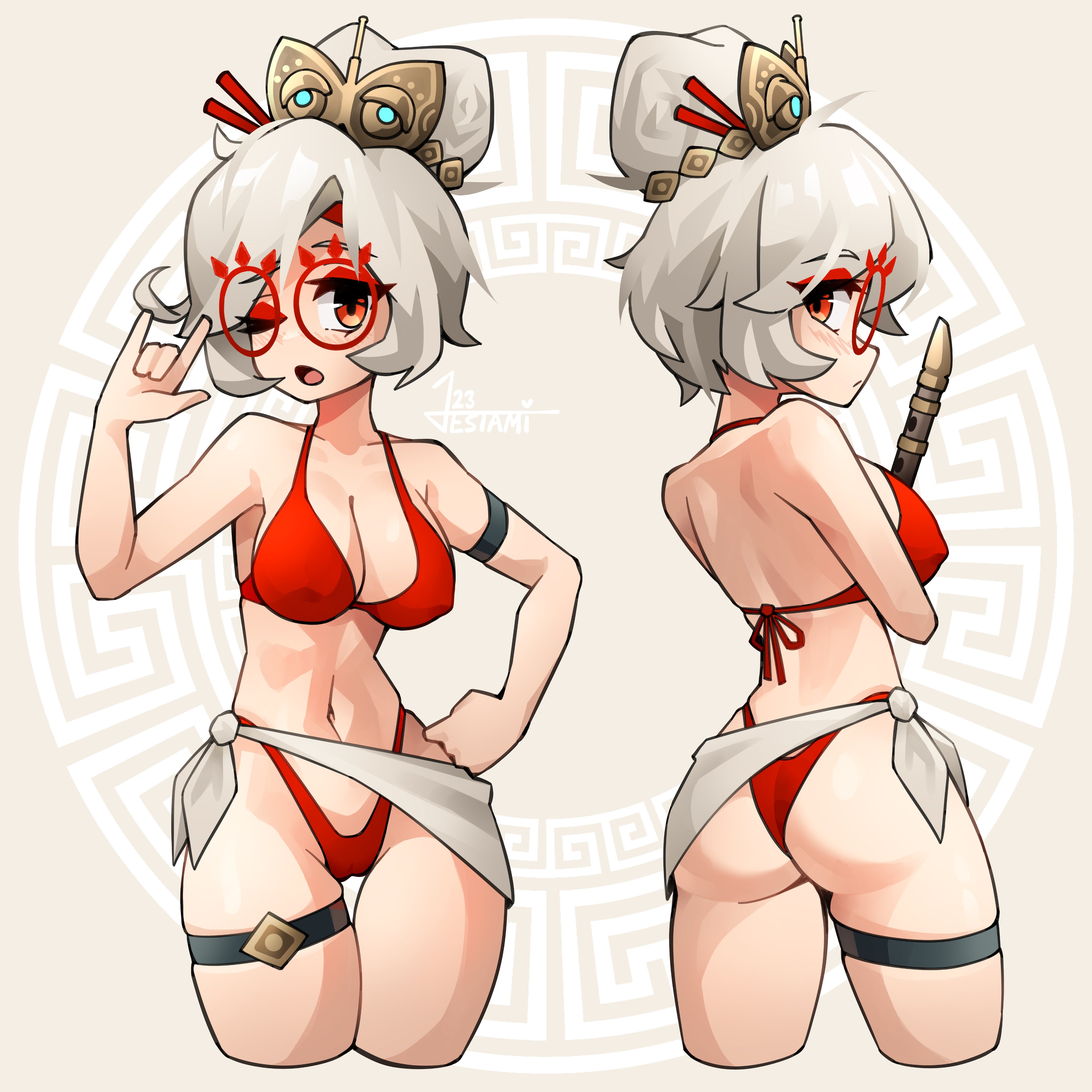 2d, ass, bikini, cleavage, female, female only, glasses, hair ornament, hand on hip, hi res, jestami, looking at viewer, looking back, navel, nintendo, nipple bulge, one eye closed, purah, purah (tears of the kingdom), red eyes, tears of the kingdom, the legend of zelda, thigh gap, white hair