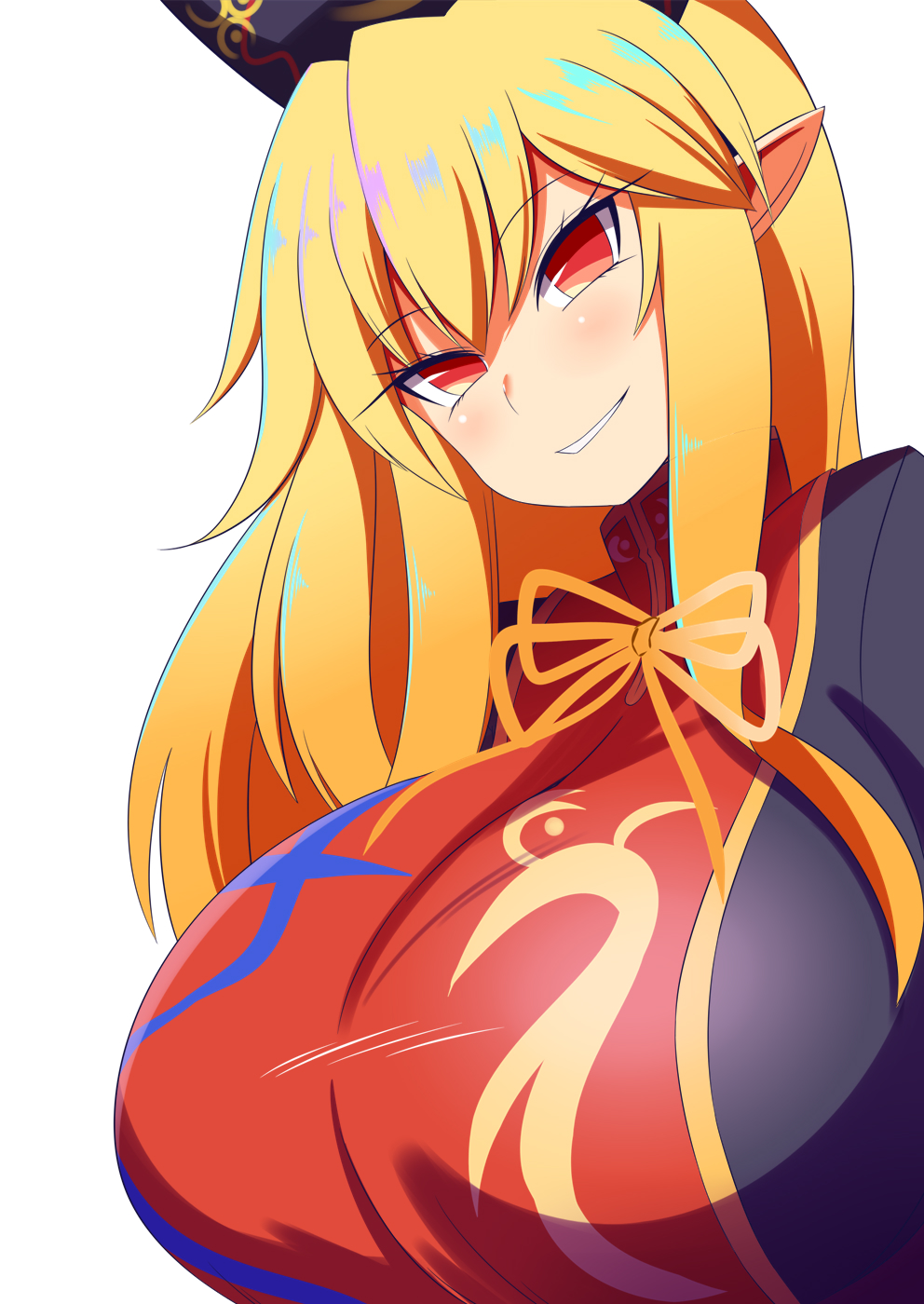 1girls breasts chinese_clothes cleavage crescent female highres huge_breasts junko_(touhou) long_hair mature_female orange_hair pointy_ears red_eyes simple_background solo tabard touhou white_background xialu_zajin