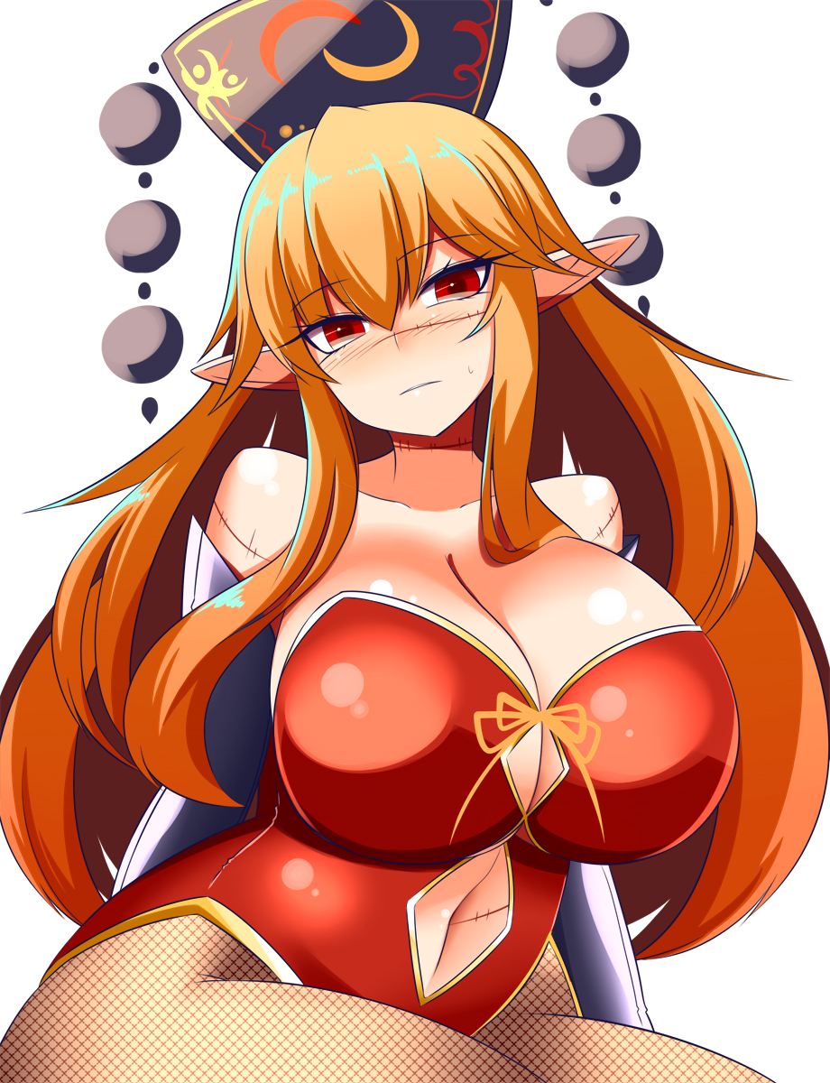 alternate_costume breasts chinese_clothes cleavage crescent female hat highres huge_breasts junko_(touhou) long_hair mature_female orange_hair pointy_ears red_eyes solo stitches touhou xialu_zajin