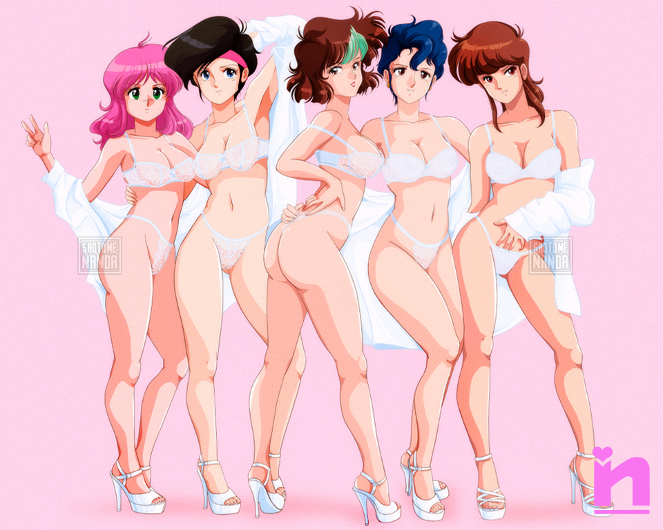 1980s_(style) 2022 5:4 5girls arched_back arm_around_waist arm_up armpits arms_behind_back artist_name ass big_ass black_hair blue_hair bra breasts brown_eyes brown_hair bubblegum_crisis cleavage feet female female_only full_body green_eyes green_hair hand_on_stomach hand_on_waist hands_on_back headband high_heels light-skinned_female light_skin lingerie linna_yamazaki lipstick long_hair looking_at_viewer matching_hair/eyes medium_breasts multicolored_hair multiple_girls navel nene_romanova off-shoulder_sweater off_shoulder open_clothes open_sweater panties pink_background pink_hair pink_headband pose priscilla_asagiri red_eyes red_lipstick reika_chang retro_artstyle saotome_nanda short_hair simple_background smile standing sweater sylia_stingray take_your_pick teeth thong two_tone_hair underwear underwear_only v watermark white_bra white_panties white_sweater