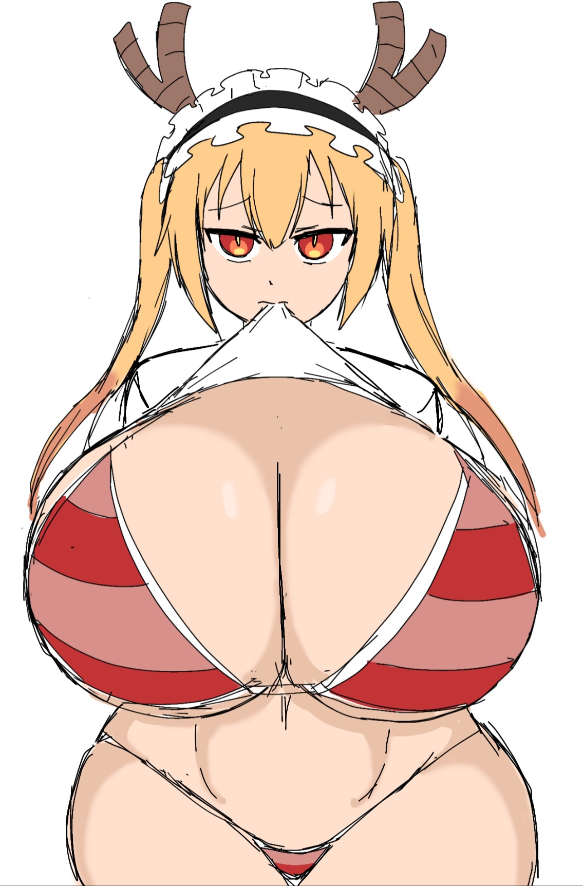 1girls, 2023, blonde hair, bra, breasts, cleavage, female, hyper breasts, looking at viewer, maid headdress, miss kobayashi's dragon maid, momiji (artist), orange eyes, panties, shirt lift, thick thighs, tohru (dragon maid), tohru pose, twintails, white background