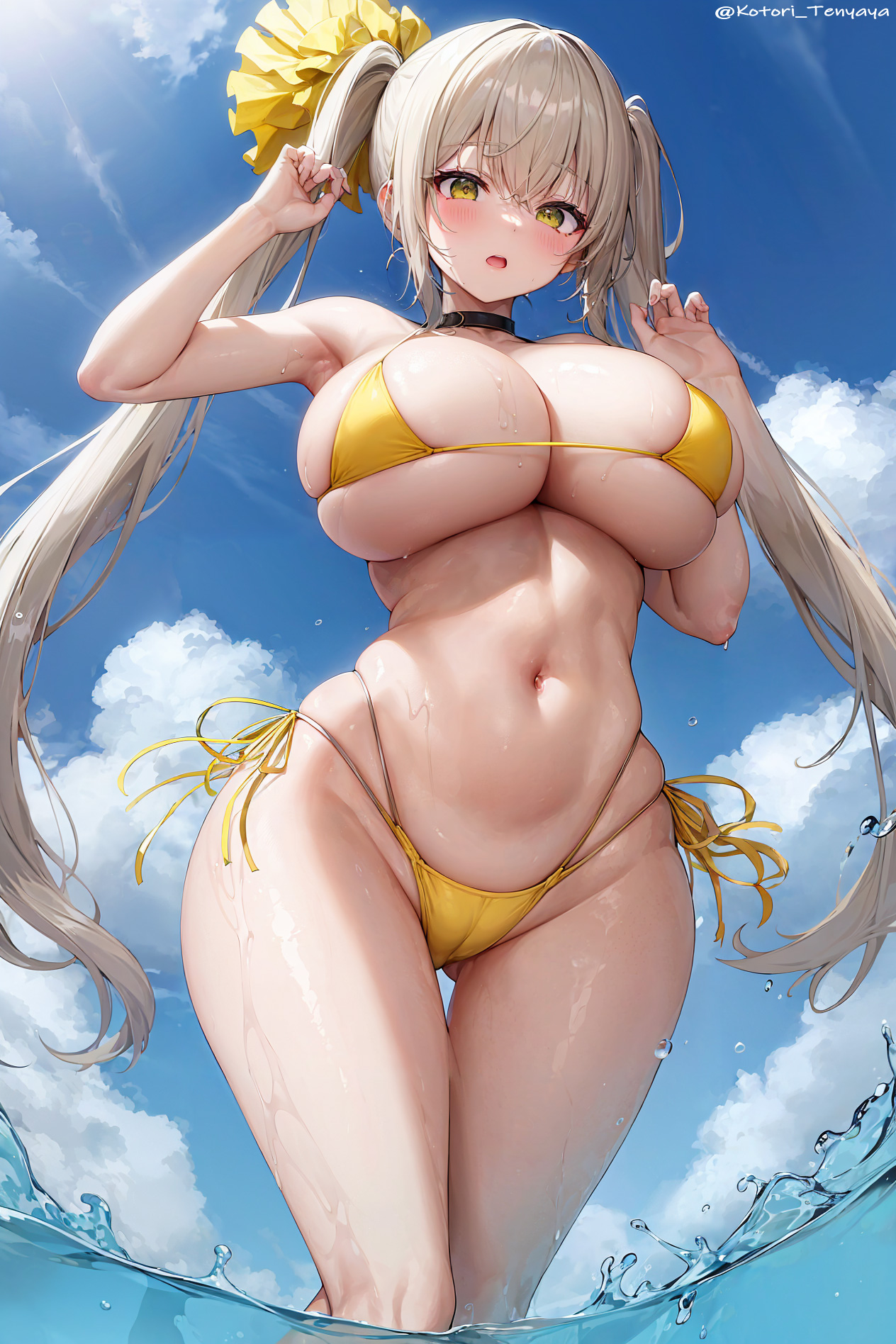 1girls, ai generated, ass, bikini, blonde hair, breasts, bubble ass, bubble butt, cleavage, female, gold bikini, hips, huge ass, huge breasts, light skin, light-skinned female, long hair, massive breasts, original, original character, outdoors, stable diffusion, thick thighs, thighs, twintails, wide hips