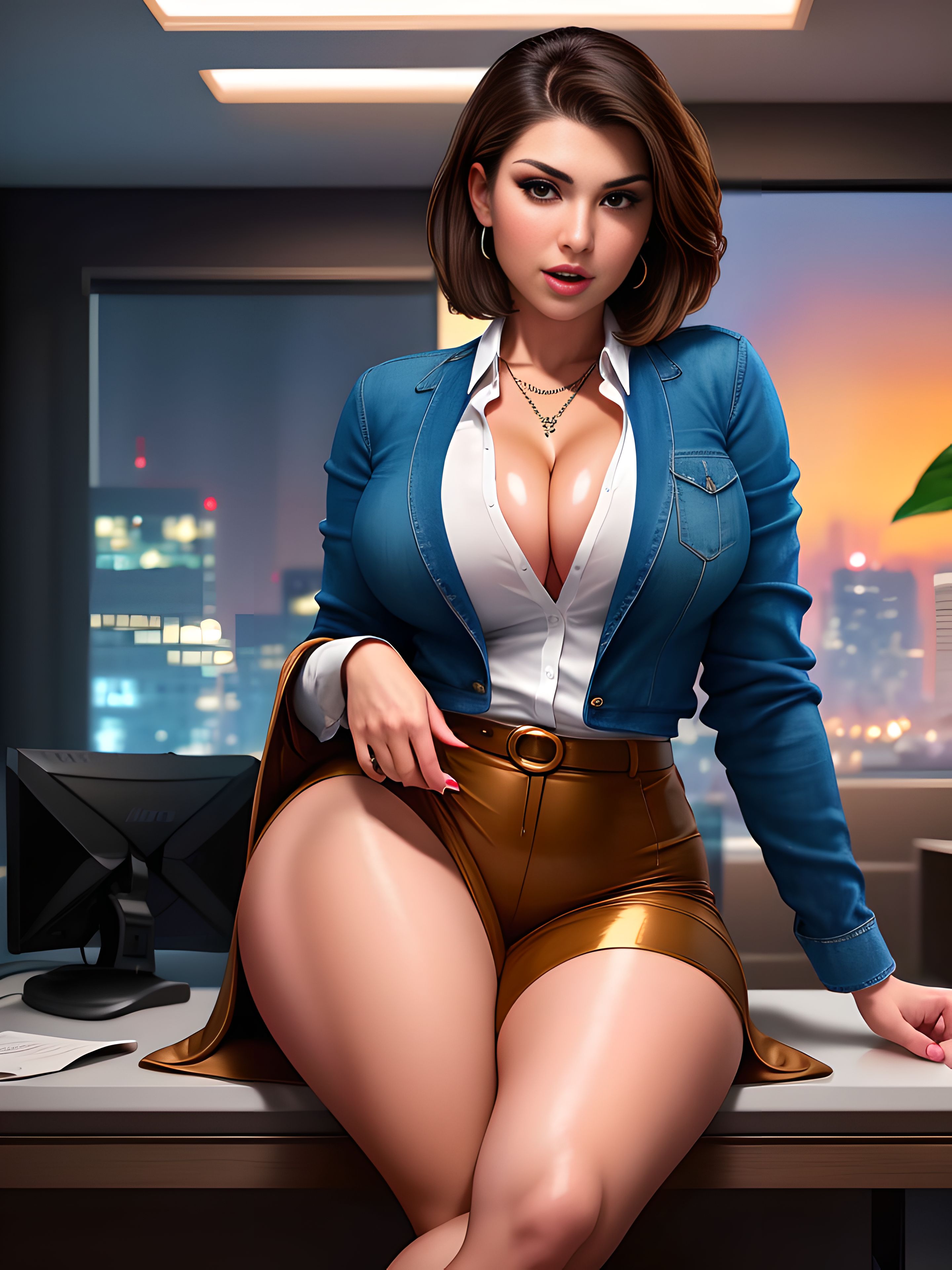 ai generated, belt, big breasts, breasts, cityscape, cleavage, earrings, evening, female, looking at viewer, necklace, oc, office, office lady, olivia sanchez, on desk, original, original character, pants suit, short hair, shorts suit, unbuttoned shirt