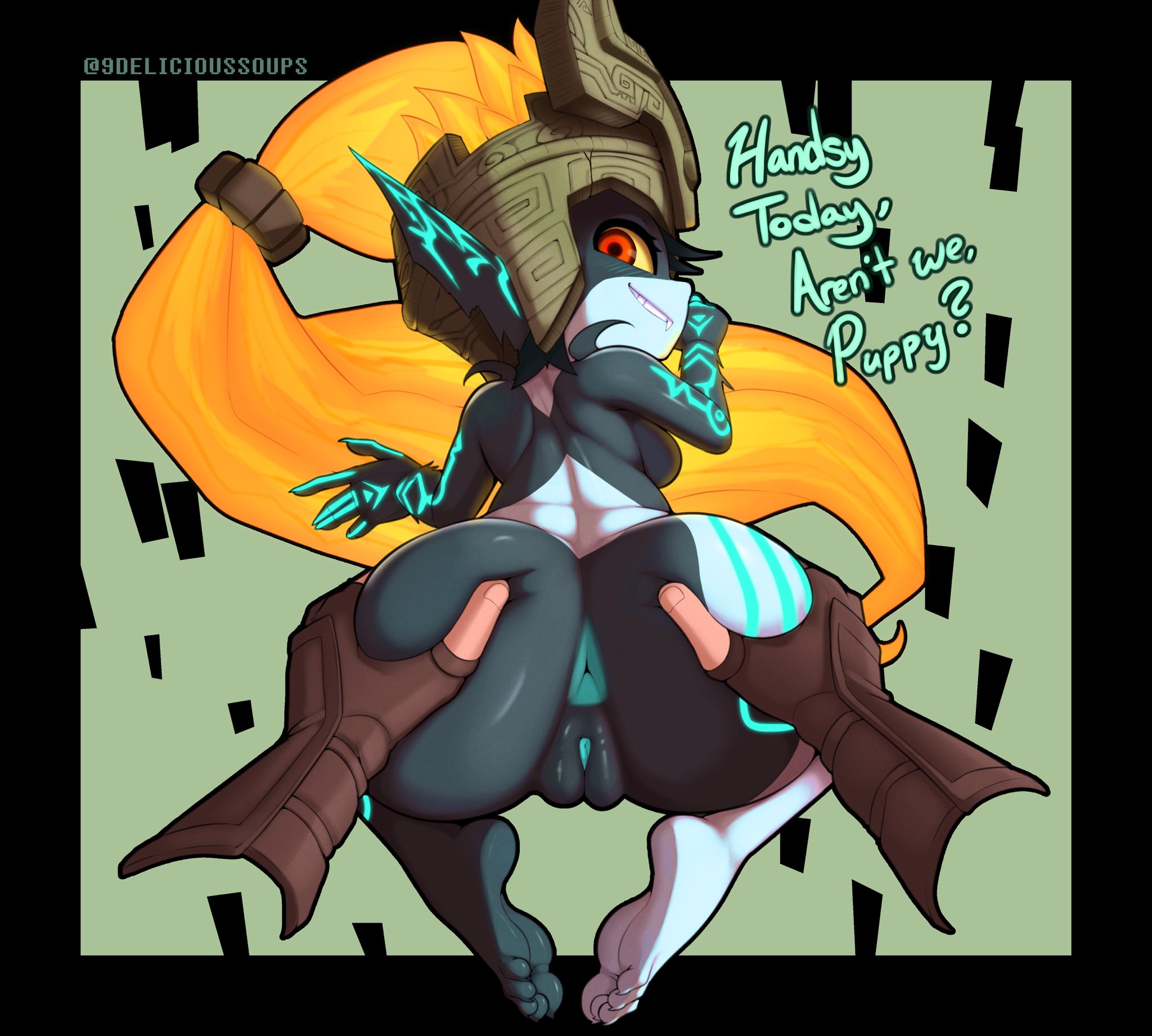 1boy, 1girls, anus, ass, ass focus, ass grab, big ass, bubble ass, bubble butt, delicioussoup, dialogue, female, imp midna, link, link (twilight princess), looking at viewer, looking back, male, male pov, midna, nintendo, orange hair, partial male, pov, pussy, shortstack, text, the legend of zelda, thick thighs, twili, twilight princess, unseen male face