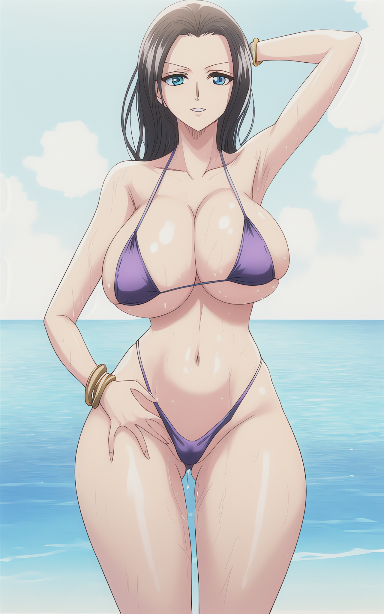 1girls, ai generated, bikini, black hair, breasts, clothing, dripping, female, female only, hips, huge breasts, larsenrm, light skin, light-skinned female, micro bikini, navel, nico robin, one piece, outdoors, post-timeskip, slim waist, smile, stable diffusion, thick thighs, thighs, wet, wet body, wide hips