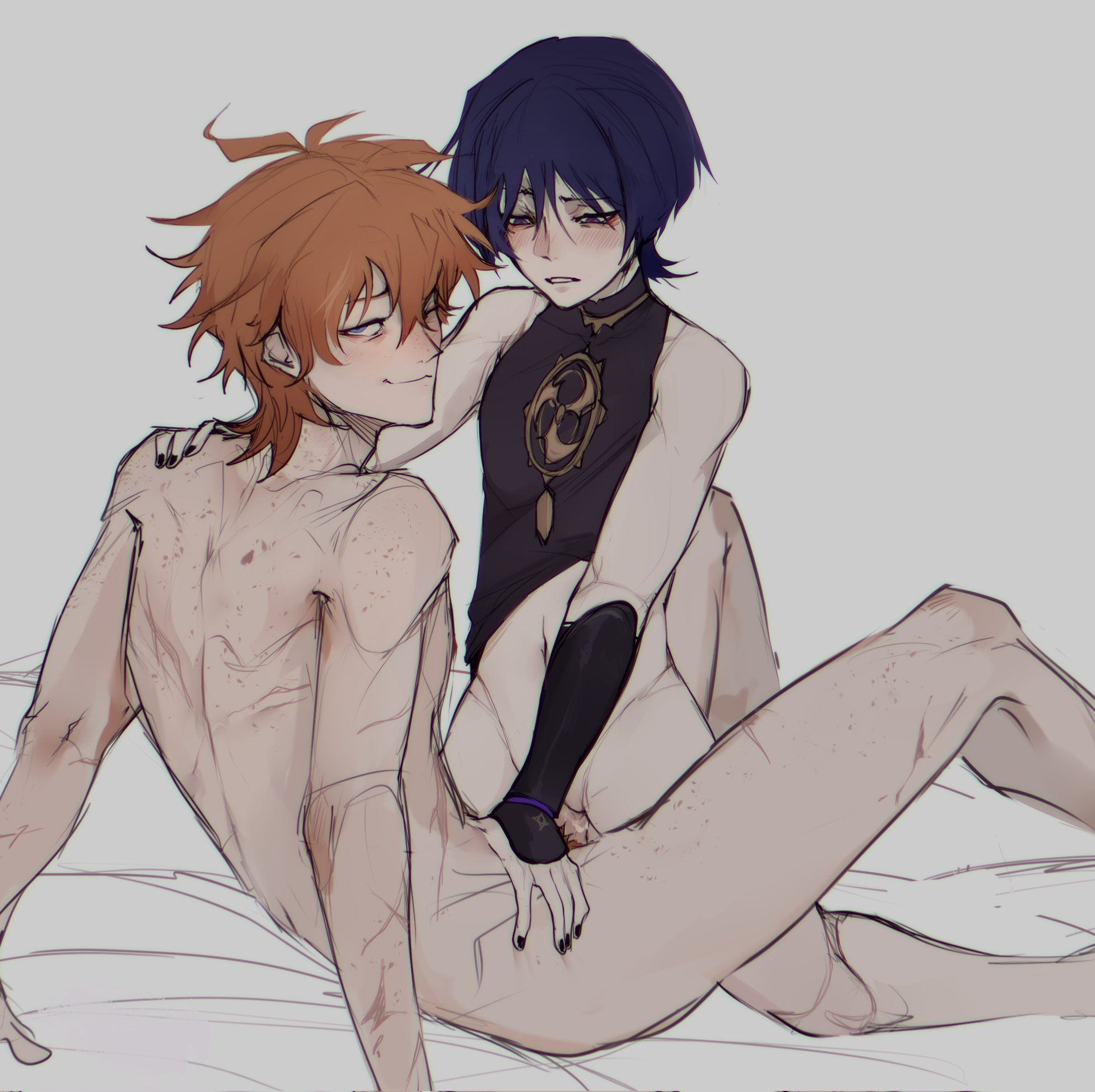 2boys, childe (genshin impact), cuntboy, genshin impact, human, intersex, looking at viewer, male, male only, male penetrating, male/male, nail polish, naked, nude, partially clothed, pussy, scaramouche (genshin impact), scars, tartaglia (genshin impact), vaginal penetration, yaoi
