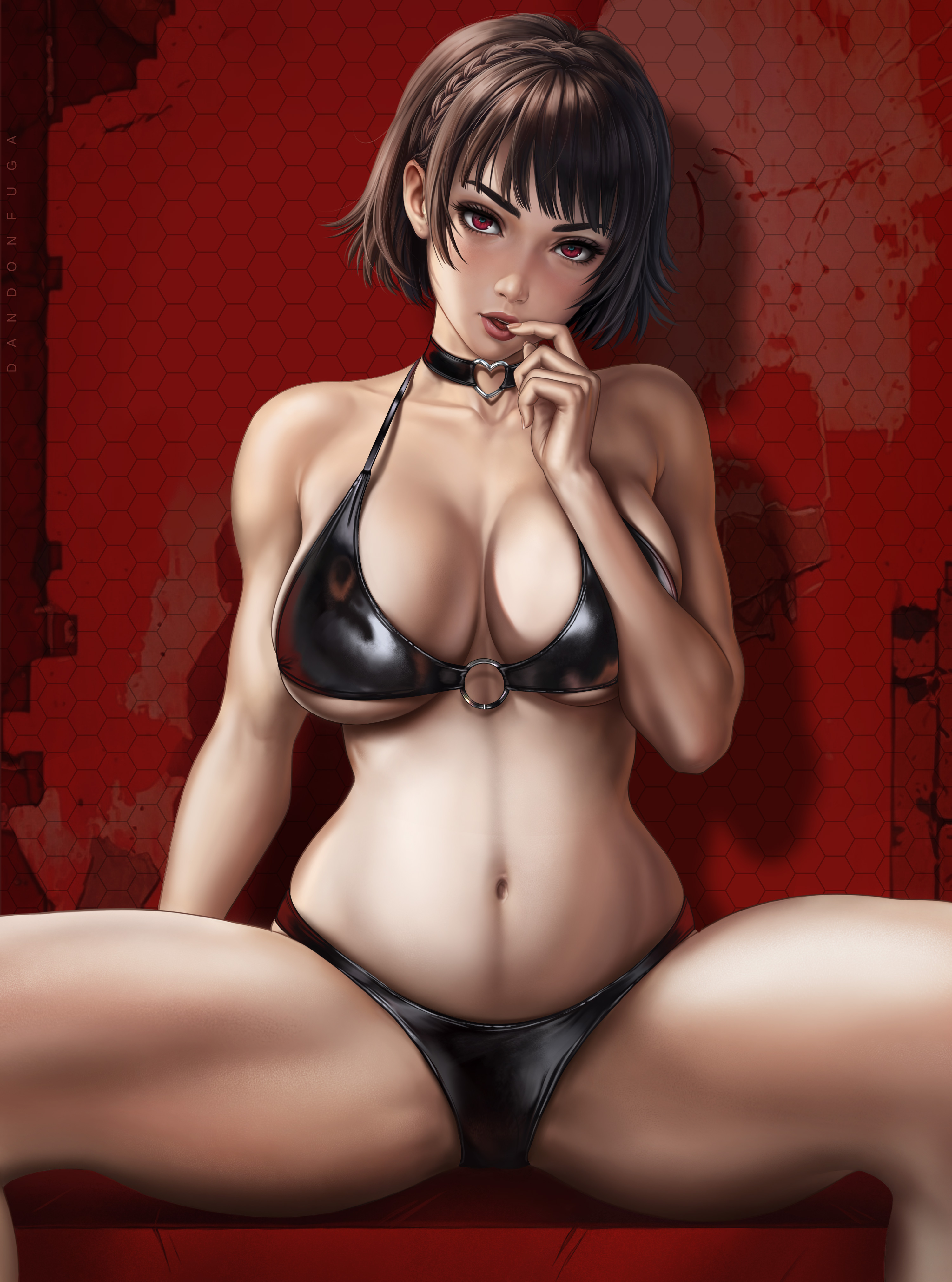 1girls, absurd res, absurdres, athletic, athletic female, atlus, bangs, bare arms, bare legs, bare shoulders, bare skin, bare thighs, barefoot, belly, big belly, big breasts, bikini, bikini bottom, bikini top, black bikini, black bikini bottom, black bikini top, black bra, black choker, black clothes, black clothing, black latex, black panties, black underwear, bra, breast squish, breasts, brown hair, busty, child bearing hips, choker, cleavage, clothed, clothing, cute face, dandon fuga, early pregnancy, female, female focus, female only, fit, fit female, high resolution, highres, hips, huge breasts, large belly, large breasts, large filesize, latex, latex bikini, latex bra, latex clothing, latex panties, latex underwear, light skin, light-skinned female, looking at viewer, makoto niijima, megami tensei, navel, open legs, panties, persona, persona 5, pregnancy, pregnant, pregnant belly, pregnant female, red background, red eyes, round belly, simple background, sitting, sitting down, stomach, thick thighs, thighs, toes, toned, toned body, toned female, toned stomach, underwear, very high resolution