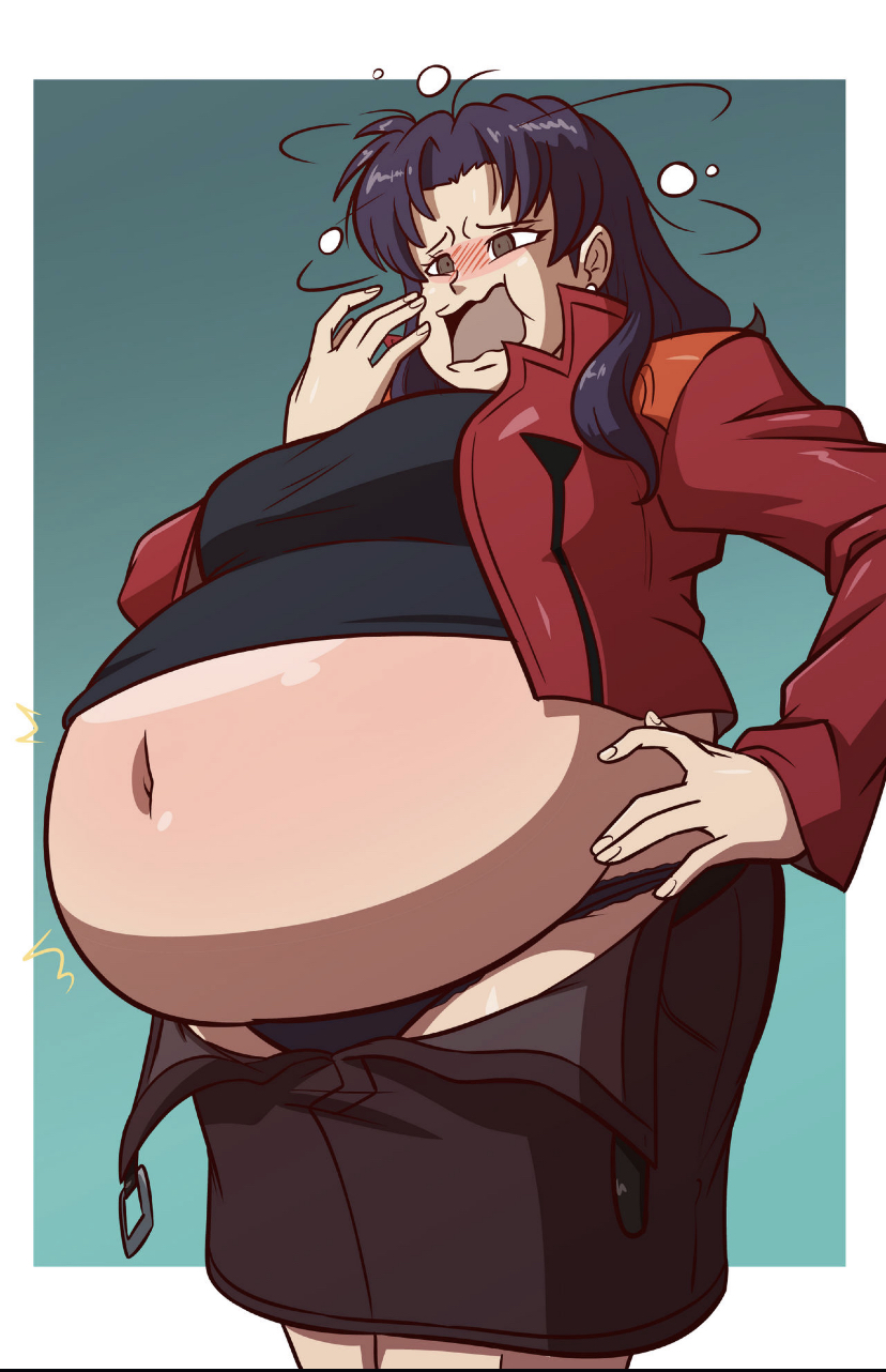 axel-rosered, bbw, belly, belly overhang, big belly, blush, chubby, chubby female, embarrassed, fat, fat female, fat fetish, female, huge belly, larger female, misato katsuragi, neon genesis evangelion, obese, obese female, open mouth, overweight, overweight female, thick thighs, weight gain