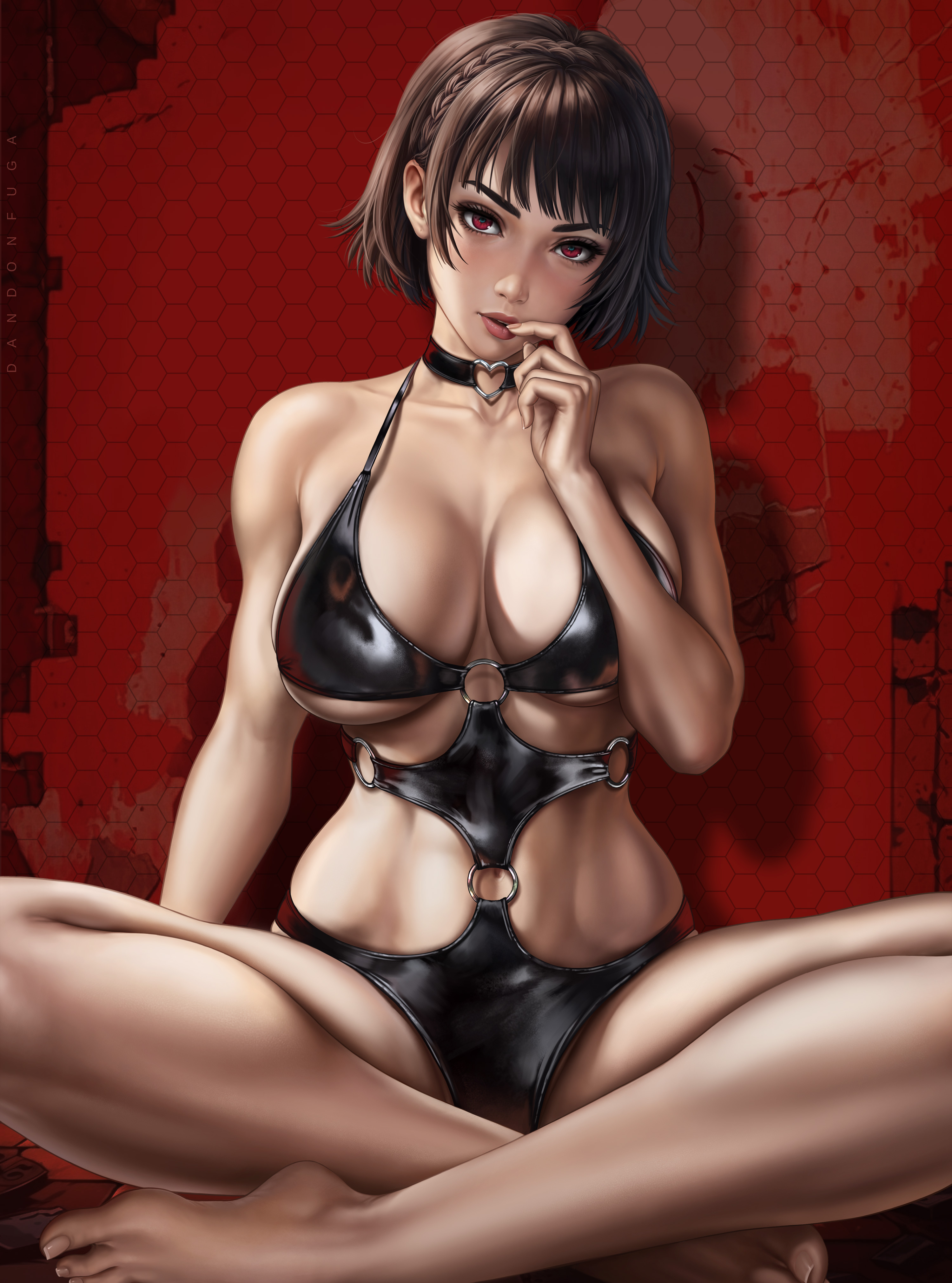 1girls, absurd res, absurdres, athletic, athletic female, atlus, bangs, bare arms, bare ass, bare shoulders, barefoot, big breasts, bikini, bikini bottom, bikini top, black bikini, black bikini bottom, black bikini top, black bra, black choker, black clothes, black clothing, black latex, black panties, black underwear, bra, breast squish, breasts, brown hair, busty, child bearing hips, choker, cleavage, clothed, clothing, cute face, dandon fuga, feet, female, female focus, female only, fit, fit female, high resolution, highres, hips, huge breasts, large breasts, large filesize, latex, latex bikini, latex bra, latex panties, latex underwear, light skin, light-skinned female, looking at viewer, makoto niijima, megami tensei, navel, panties, persona, persona 5, red background, red eyes, shiny clothes, simple background, sitting down, stomach, thick thighs, thighs, toes, toned, toned body, toned female, toned stomach, underwear, very high resolution