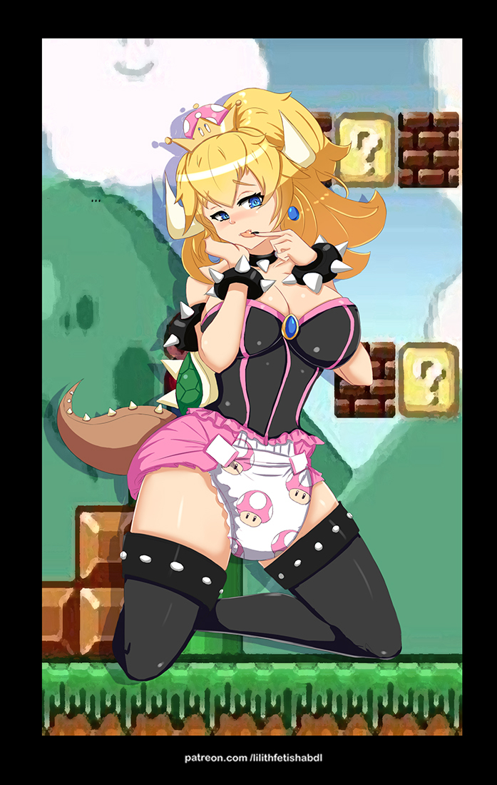 1girls armlet blonde_hair blue_eyes bondage bowsette bracelet breasts brooch collar corset diaper earrings horns kneeling large_breasts leash lilith-fetish mario_(series) new_super_mario_bros._u_deluxe nintendo painted_fingernails ponytail spiked_armlet spiked_bracelet super_crown tail thighhighs turtle_shell