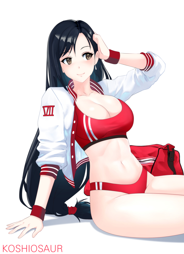 1girls bag black_hair bra breasts buruma duffel_bag earrings final_fantasy final_fantasy_vii jacket koshiosaur large_breasts long_hair midriff navel red_bag red_bra red_buruma red_eyes red_sports_bra sitting smooth_skin sports_bra sportswear tifa_lockhart varsity_jacket wristband