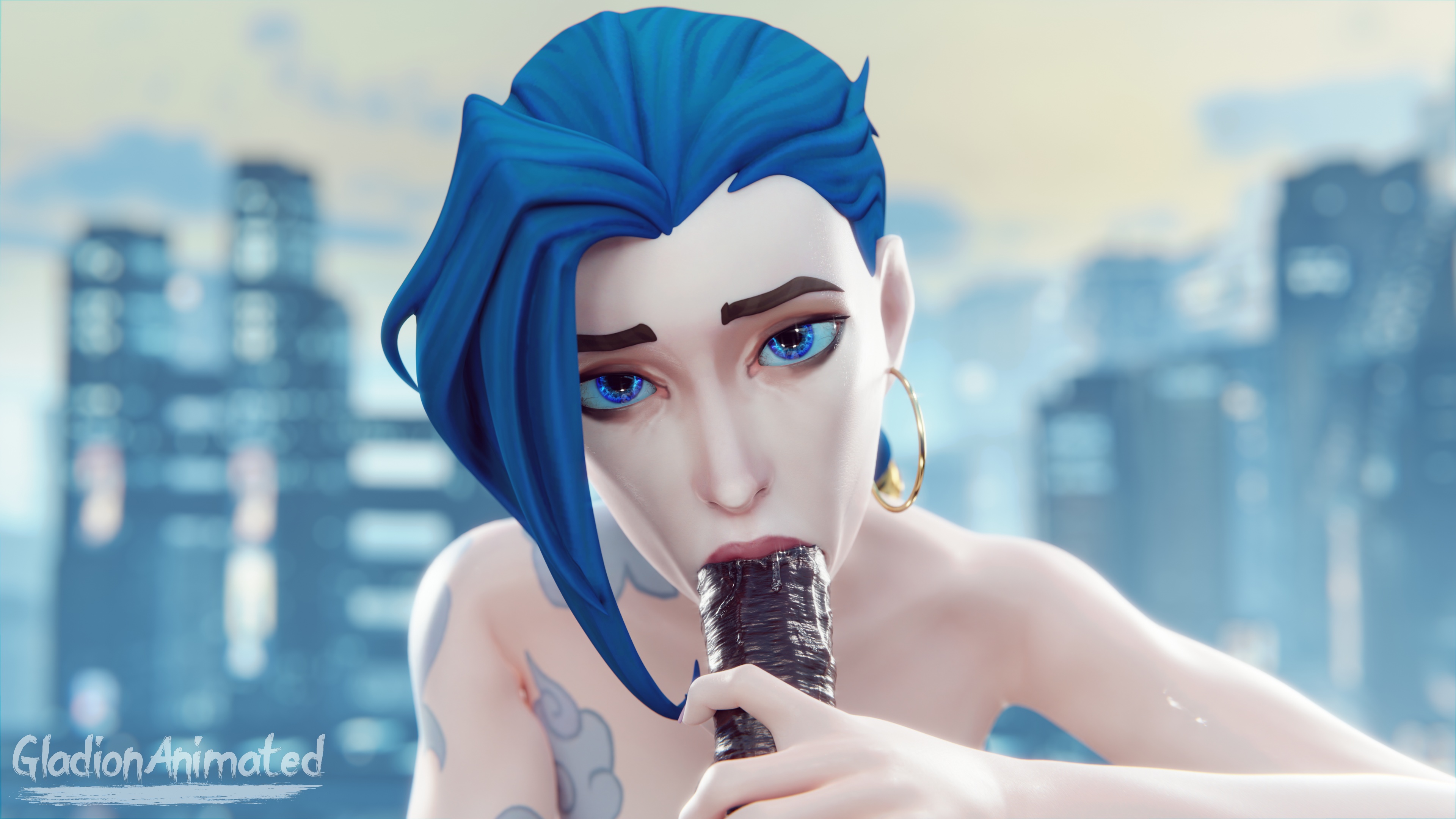 :>=, 1girls, 3d, 3d (artwork), angry dragon, arcane, arcane jinx, blender, blowjob, blowjob face, blue eyes, blue hair, braided twintails, dark skin, dark-skinned male, ear ring, earrings, eye contact, fellatio, female, gladionanimated, hand on penis, hoop earrings, human, human only, interracial, jinx (league of legends), league of legends, light skin, light-skinned female, male, male pov, oral, pale skin, pale-skinned female, penis, petite, pov, riot games, saliva, saliva trail, skinny, straight, stroking penis, tattoo, tattoos