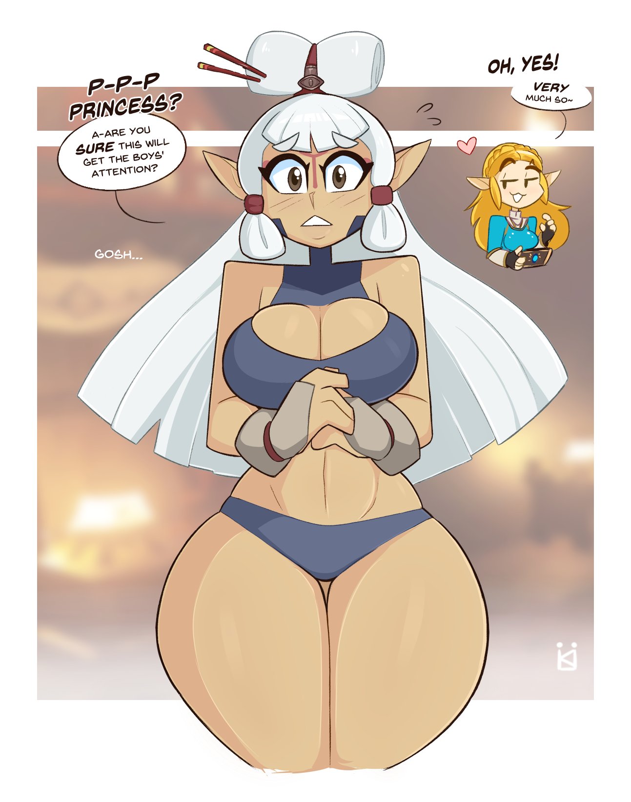 big breasts, breasts, breath of the wild, cleavage, clothing, dialogue, english text, female, heart, kilinah, paya (the legend of zelda), princess zelda, text, the legend of zelda, thick thighs, wide hips, zelda (breath of the wild)