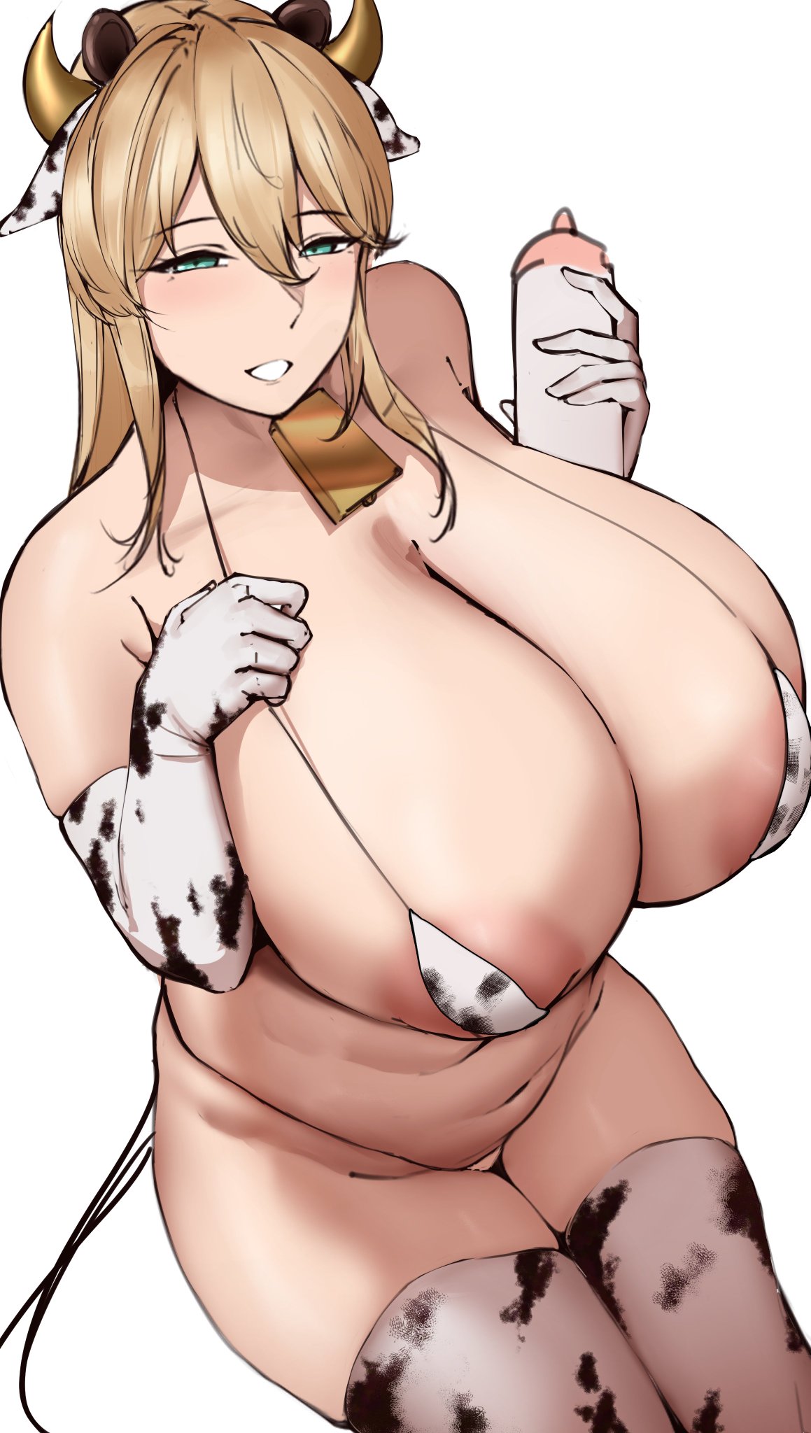 1girls animal_ears animal_print areola_slip baby_bottle bikini blonde_hair blush bottle breasts cow_ears cow_girl cow_horns cow_print cow_print_bikini cow_tail cowbell curvy elbow_gloves eyelashes female female_focus frigga_(last_origin) from_above gloves grin half-closed_eyes holding holding_bottle horns huge_breasts last_origin light-skinned_female light_skin long_hair looking_at_viewer micro_bikini navel nipples perfellcsaiko plump shiny_skin sitting smile solo swimsuit tail thick_thighs thighs white_background wide_hips