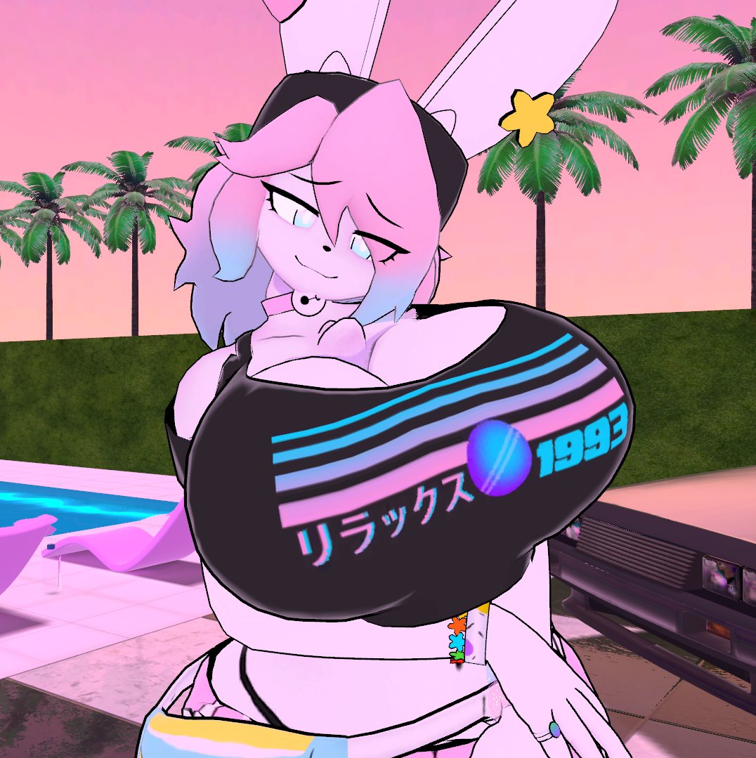 1boy, big breasts, breasts, breasts bigger than head, bunny boy, bunny ears, busty male, furry, looking at viewer, male, male only, male with breasts, outdoors, outside, peanut butter (theycallhimcake), pool, poolside, solo, theycallhimcake, tree