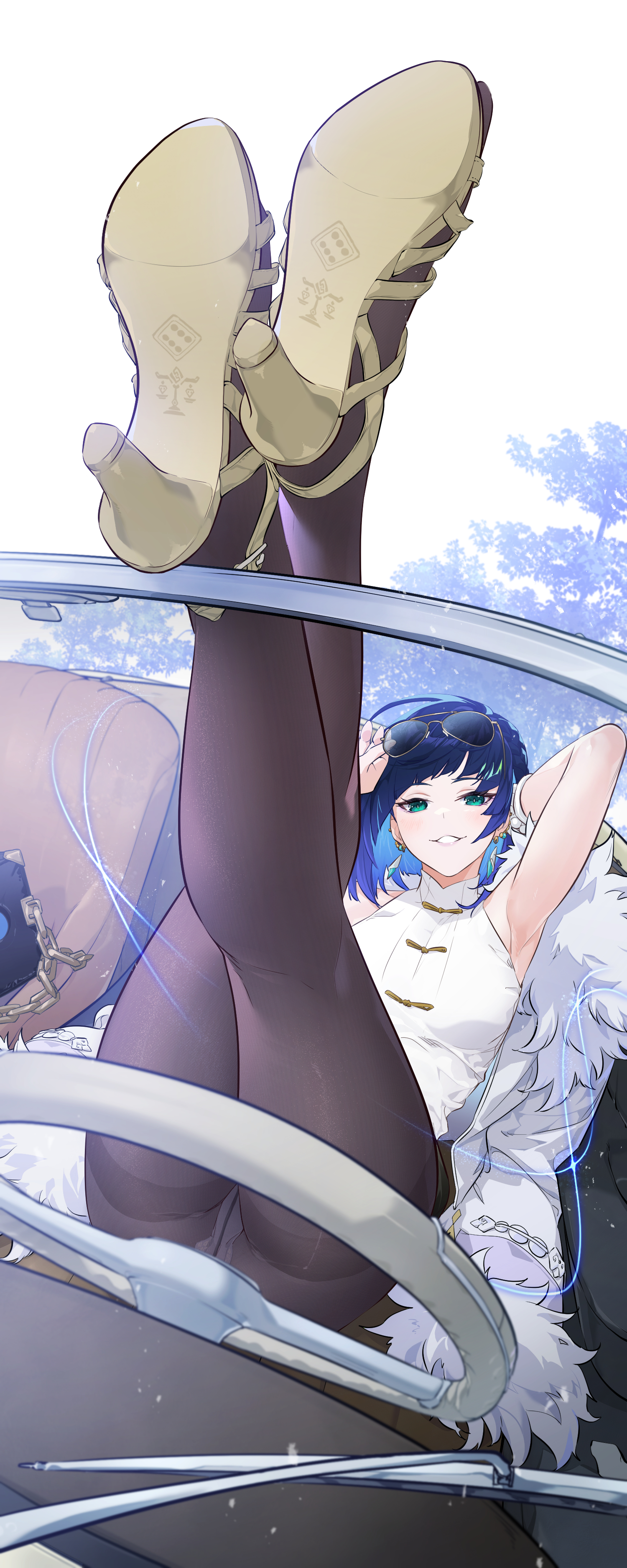 1girls, blue hair, car, female, genshin impact, heels, jjjsss, legs, legs up, see-through panties, tight clothing, tight pants, yelan (genshin impact)