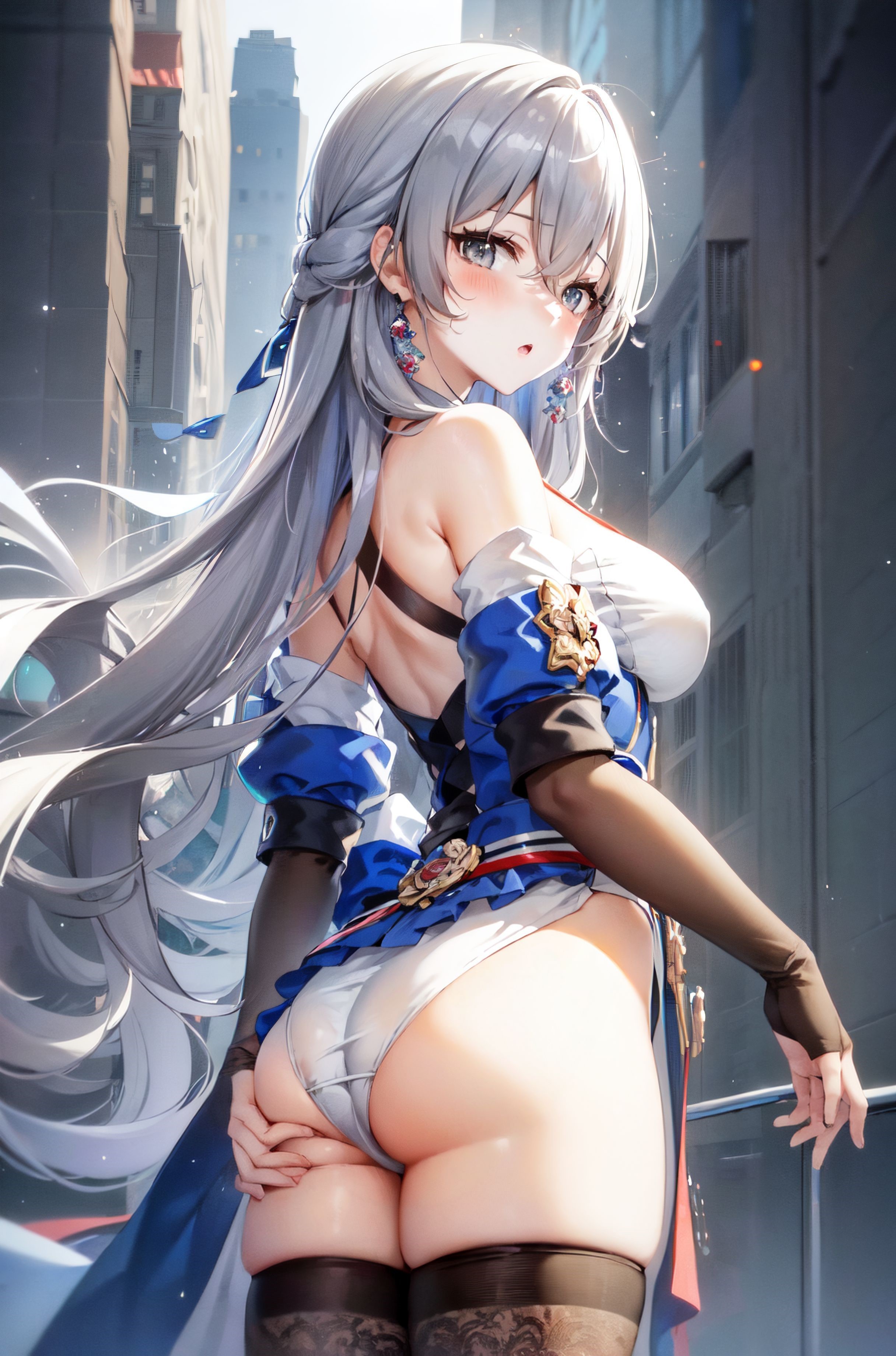 ai generated, ass, ass focus, ass grab, bare shoulders, blue eyes, blush, breasts, bronya rand, cameltoe, corset, deep skin, detached sleeves, dress, elbow gloves, female, fingerless gloves, from behind, from below, gloves, hair ribbon, half updo, honkai: star rail, huge ass, long hair, looking at viewer, open mouth, panties, pussy, shiny, shiny clothes, shiny hair, shiny skin, short dress, sideboob, silver hair, solo, thick thighs, thighhighs, very long hair