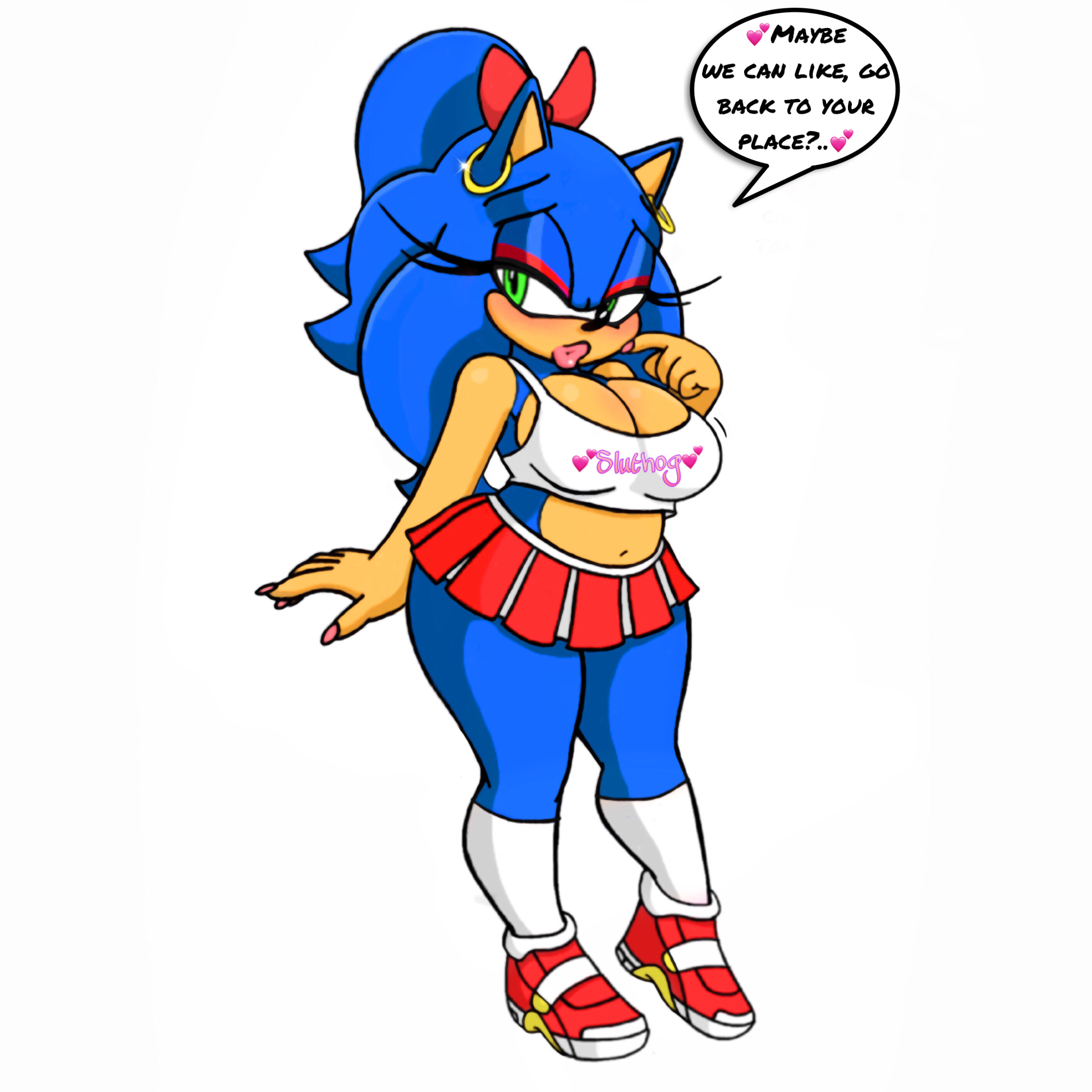 after transformation, bedroom eyes, bimbofication, bimbofied, curvy, fan edit, female, feminization, furry, horny female, pleated skirt, post-transformation, rule 63, solo, solo female, sonic (series), sonic the hedgehog, sonic the hedgehog (series), sonique the hedgehog, teenage female, transformation, voluptuous