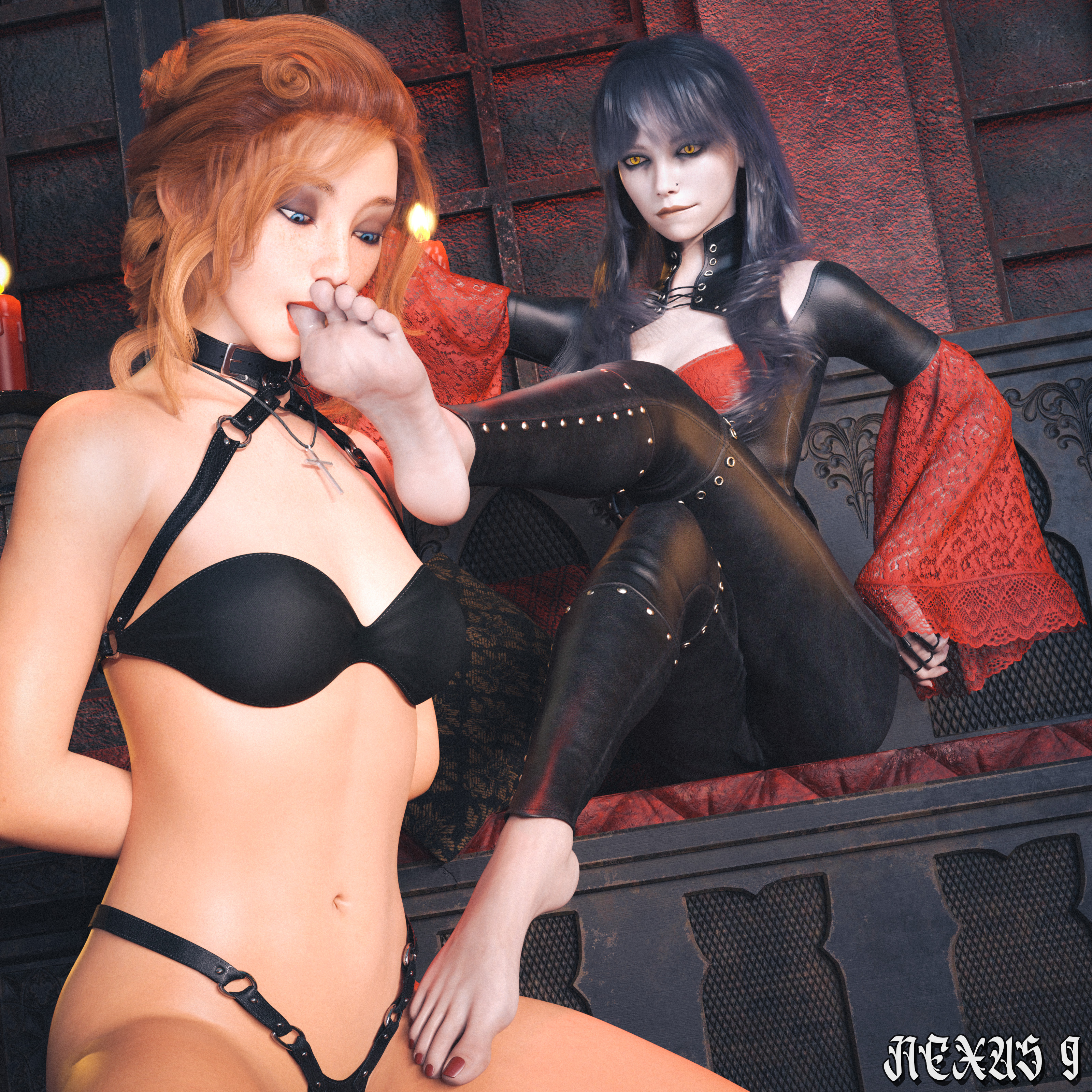 blue eyes, bondage, brown hair, feet, female, female domination, femdom, foot fetish, foot worship, golden eyes, nexus 9, oc, pale skin, red hair, red toenails, vampire, vampire girl