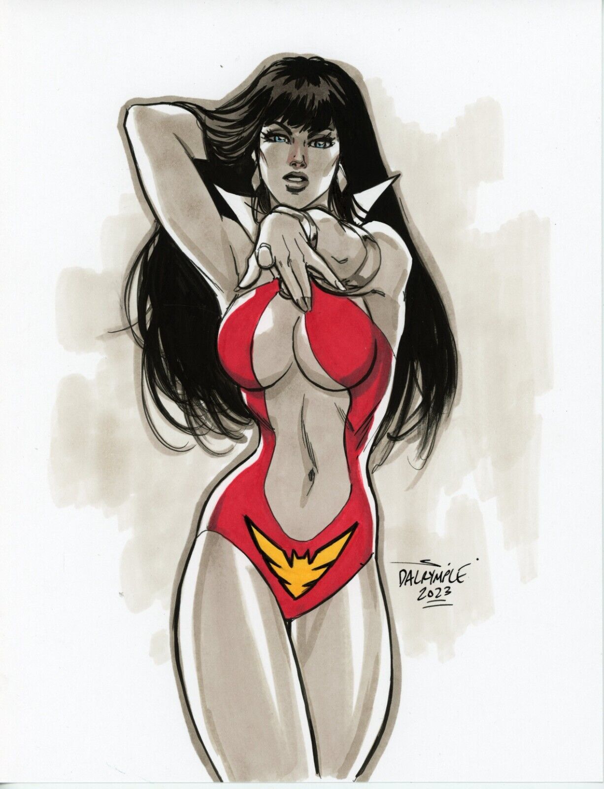 1girls black_hair curvy_body curvy_female curvy_figure dynamite_comics female_focus highres huge_breasts scott_dalrymple solo_female solo_focus vampirella