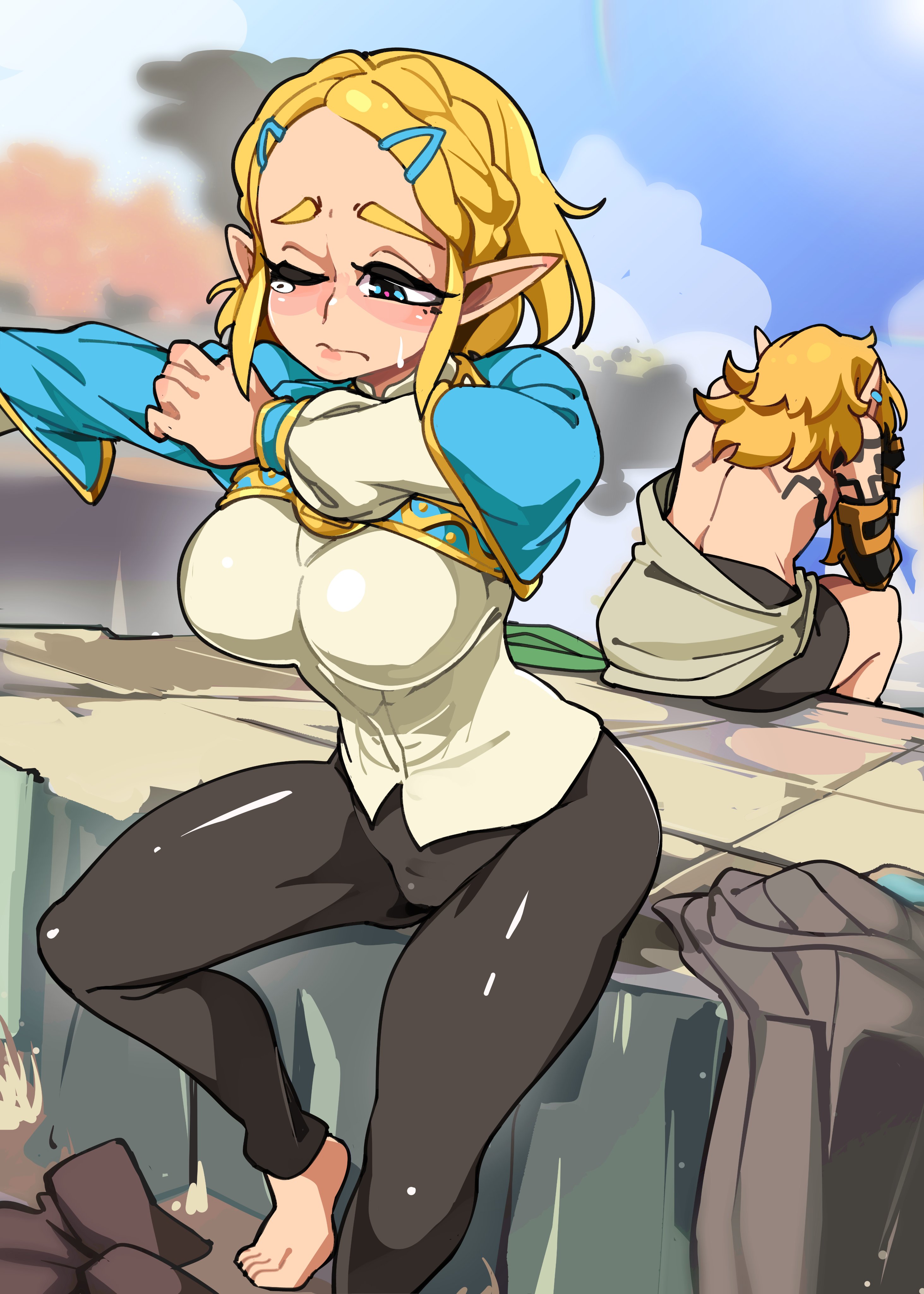 1boy, 1girls, absurd res, barefoot, big breasts, blonde hair, blue eyes, bongfillstudent, braided hair, breasts, clothing, female, female focus, hairclip, humanoid, hylian, link, link (breath of the wild), link (tears of the kingdom), male, medium hair, nintendo, one eye closed, pale skin, pointy ears, princess zelda, sitting, tear, tears of the kingdom, the legend of zelda, undressing, zelda (tears of the kingdom)
