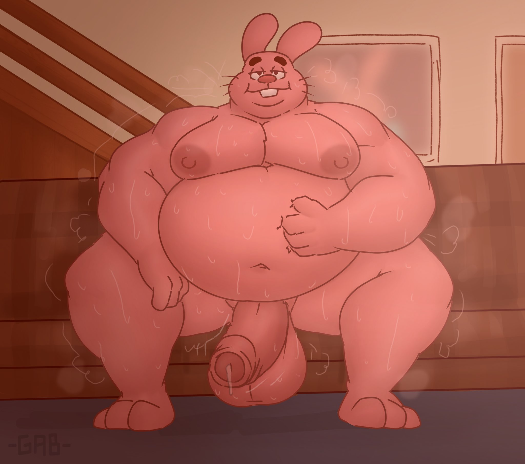 anthro, balls, bara, big balls, big penis, couch, fat, flaccid, furry, gab art, male, male only, muscles, muscular, musk, nude, obese, obese male, overweight, overweight male, penis, pink body, rabbit, richard watterson, sitting, solo, solo male, sweat, sweating, sweaty, the amazing world of gumball, yaoi