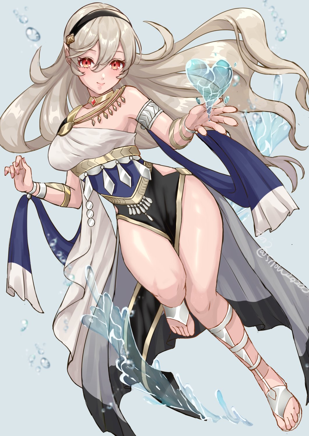 1girls alternate_costume armlet bare_shoulders black_hairband blush breasts closed_mouth commentary_request corrin_(female)_(fire_emblem) corrin_(fire_emblem) corrin_(fire_emblem)_(female) dancer dancer_(three_houses) dancer_outfit dress female female_only fingernails fire_emblem fire_emblem:_three_houses fire_emblem_fates floating_hair gladiator_sandals grey_hair hair_between_eyes hairband highres jewelry lips long_hair looking_at_viewer medium_breasts necklace nintendo pelvic_curtain pink_lips pointy_ears red_eyes sandals sleeveless sleeveless_dress snow20200 solo thighs twitter_username white_dress wide_hips