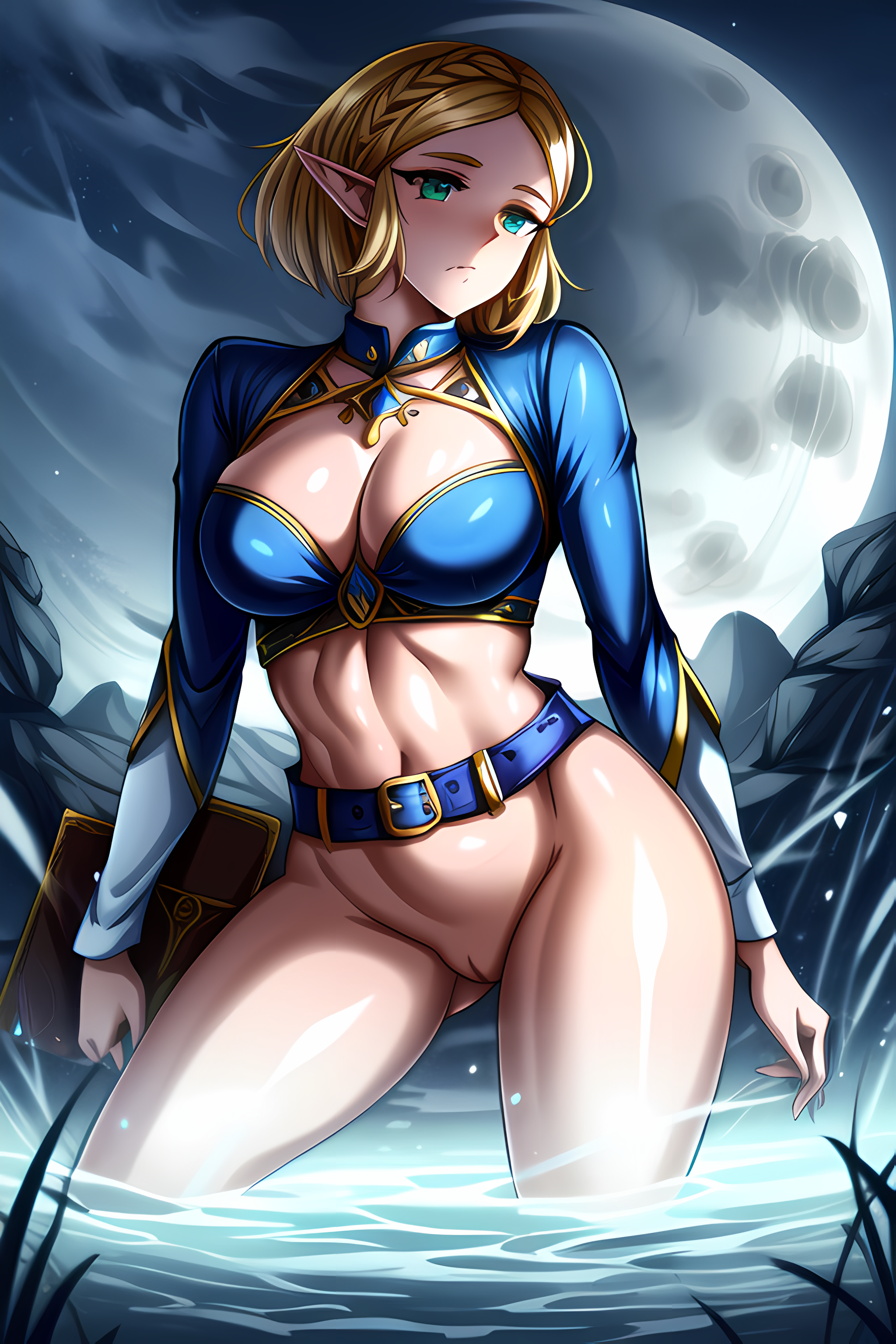 ai generated, blonde hair, bottomless, braid, breasts, cleavage, edosynf, female, full moon, highres, large breasts, moon, navel, night, pointy ears, princess zelda, pussy, short hair, solo, tears of the kingdom, the legend of zelda, zelda (tears of the kingdom)