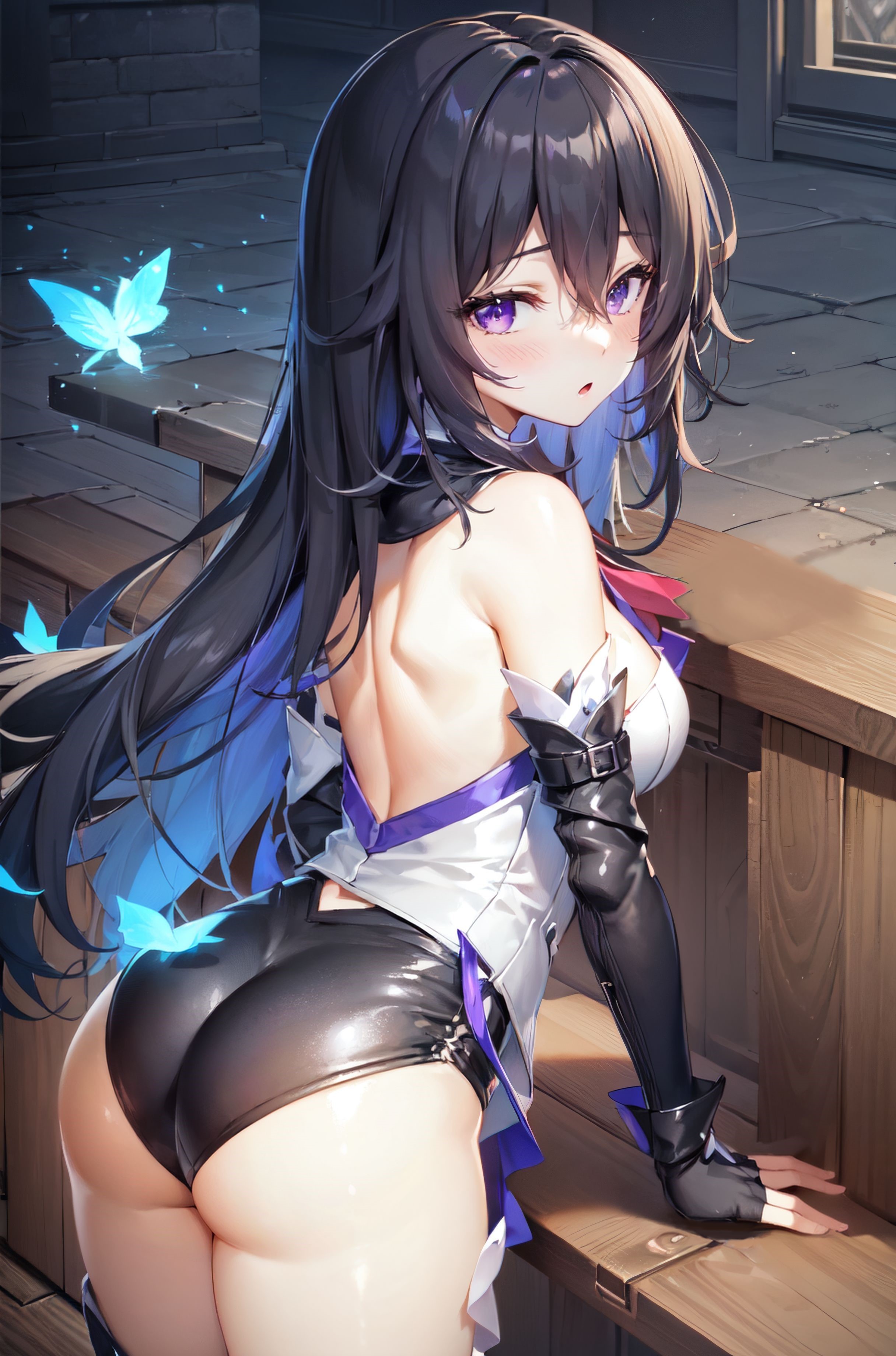 ai generated, ass, ass focus, bare shoulders, black hair, blue hair, blush, breasts, female, fingerless gloves, from behind, gloves, honkai: star rail, huge ass, leotard, long hair, looking at viewer, medium breasts, multicolored hair, open mouth, purple eyes, seele (honkai: star rail), shiny, shiny clothes, shiny hair, shiny skin, sideboob, solo, thighhighs, very long hair