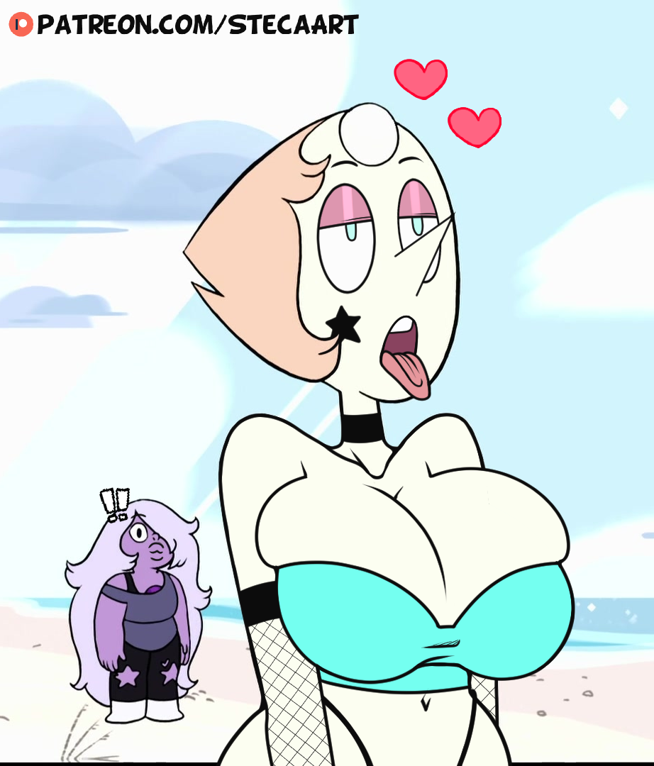 1girls, 2girls, accurate art style, ahe gao, alternate breast size, amethyst (steven universe), ass, bare shoulders, big breasts, blue sky, breasts, choker, clouds, collarbone, edit, edited, female, female only, fishnet armwear, fishnets, forehead jewel, half-closed eyes, hearts, huge breasts, imminent oral, large breasts, light skin, light-skinned female, makeup, open mouth, outdoors, pale skin, pale-skinned female, pearl (steven universe), prostitute, prostitution, screencap, screenshot, screenshot edit, sky, star (symbol), steca, steven universe, steven universe future, tagme, thelazyart, thick, thick ass, thick legs, thighs, tongue, tongue out