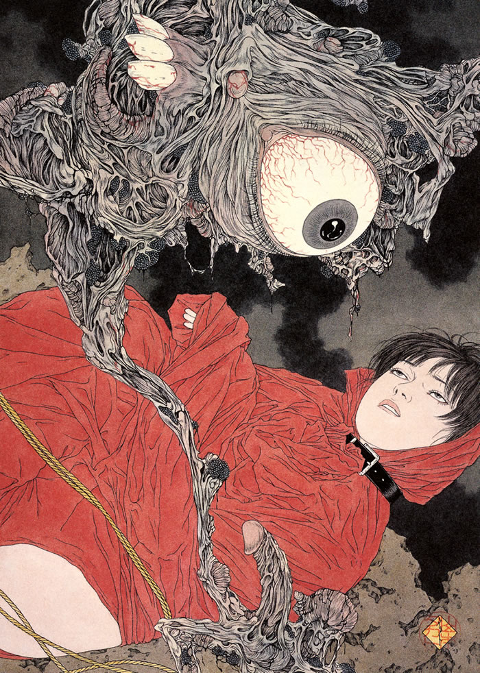 art creepy eyes fine_art male monster nightmare penis print shunga straight_hair teeth tentacle tentacle_on_male traditional traditional_media ukiyo-e yamamoto_takato