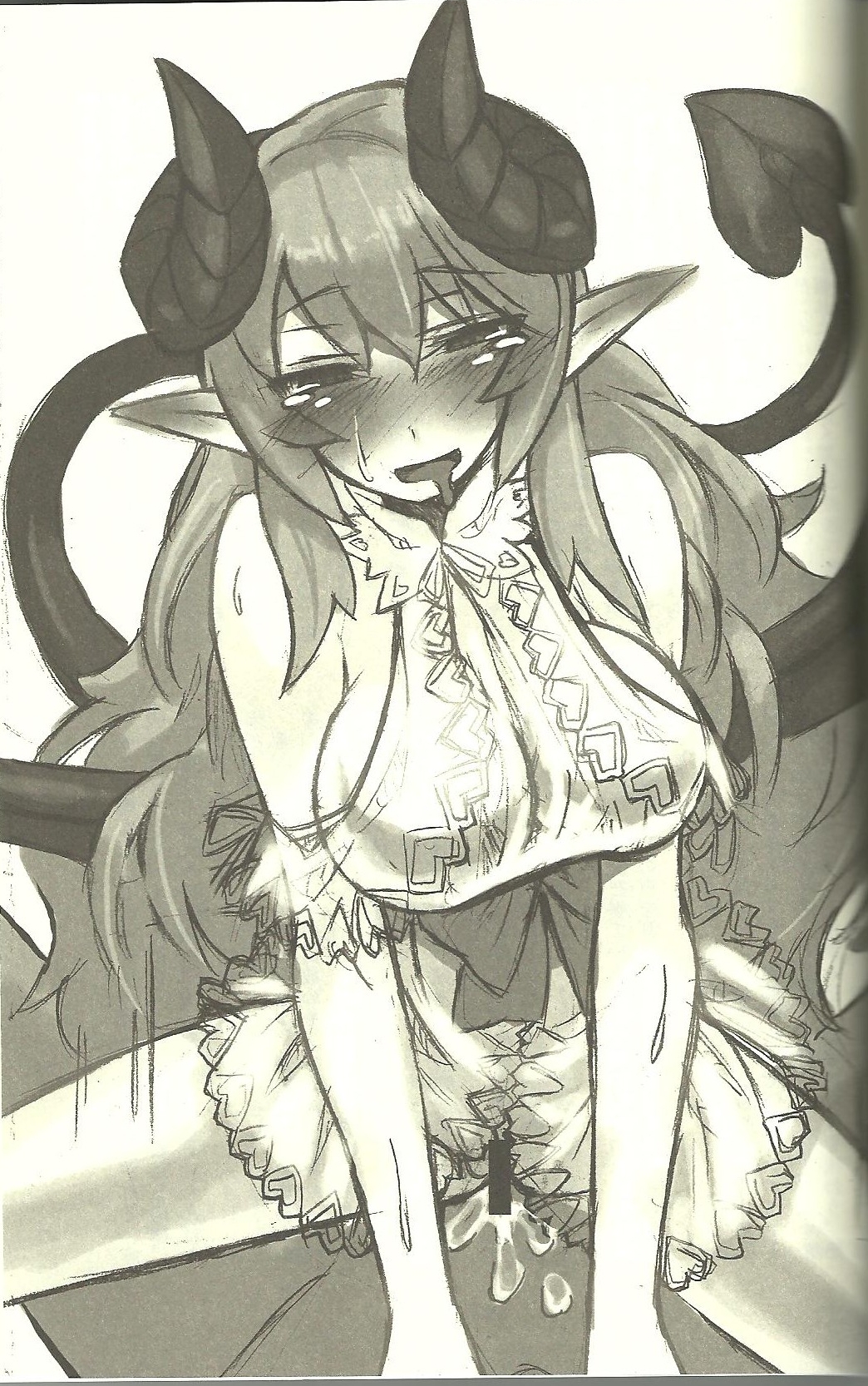 1boy 1girls bangs black_horns black_tail blush bow breasts censored collarbone cowgirl_position cum curled_horns demon_girl demon_horns demon_tail detached_sleeves disheveled_hair doodle drooling ear_blush female girl_on_top half-closed_eyes hands_on_another's_crotch heart_print heavy_blush highres kenkou_cross large_breasts long_hair looking_down_at_viewer monochrome monster_girl monster_girl_encyclopedia neck_ribbon off-shoulder_dress off-shoulder_shirt pattern_clothing penis pointy_ears ribbon-trimmed_collar see-through_cleavage see-through_clothing see-through_dress sex short_dress short_sleeves sideboob sidelocks spread_legs succubus succubus_(monster_girl_encyclopedia) sweat tears torogao waist_bow white-skinned_female white_dress