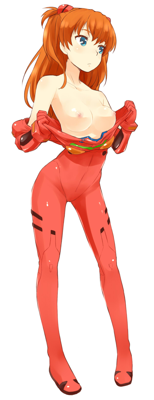 1girls asuka_langley_sohryu blue_eyes blush bodysuit breasts breasts_out clothing exposed_breasts exposing_breasts exposing_chest exposing_self female female_only hair highres human light-skinned_female light_skin long_hair medium_breasts nagian neon_genesis_evangelion nipples off_shoulder orange_hair pilot_suit plugsuit red_hair round_breasts simple_background slender_waist slim_body slim_torso soft_breasts solo standing topless undressing