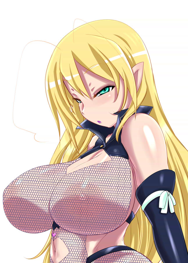 areolae blonde_hair blush breasts character_request fishnets green_eyes huge_breasts konmori_(kinbou_sokai) large_breasts lotte_no_omocha! mercelida_ygvar milf mother nipples pointy_ears succubus succubus_costume