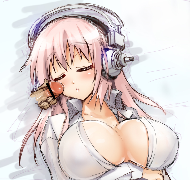 1boy 1girls breasts censored cleavage closed_eyes female hair headphones kouki_kuu large_breasts long_hair lying magic_penis male masturbation nitroplus penis pink_hair pointless_censoring precum sleeping straight super_sonico