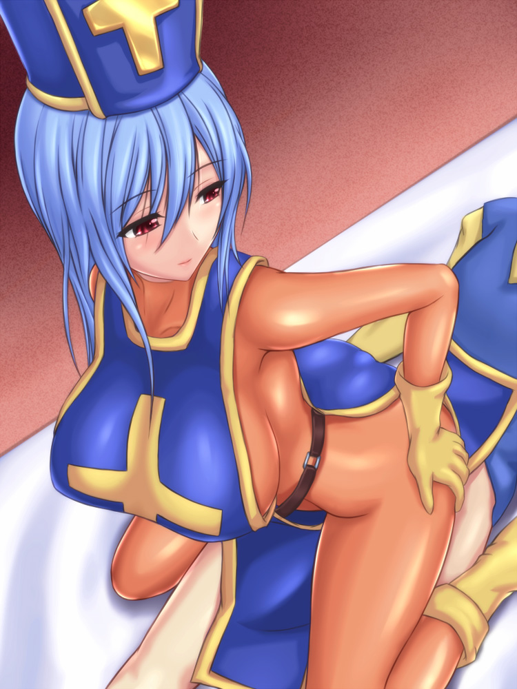 ass blue_hair blush bodysuit boots breasts buttjob clothed_sex clothing cowgirl_position dragon_quest dragon_quest_iii female girl_on_top gloves hand_on_ass hero_(dq3) hiro_(hankakudouga) large_breasts long_hair looking_back male penis priest_(dq3) red_eyes roto skin_tight tagme uncensored