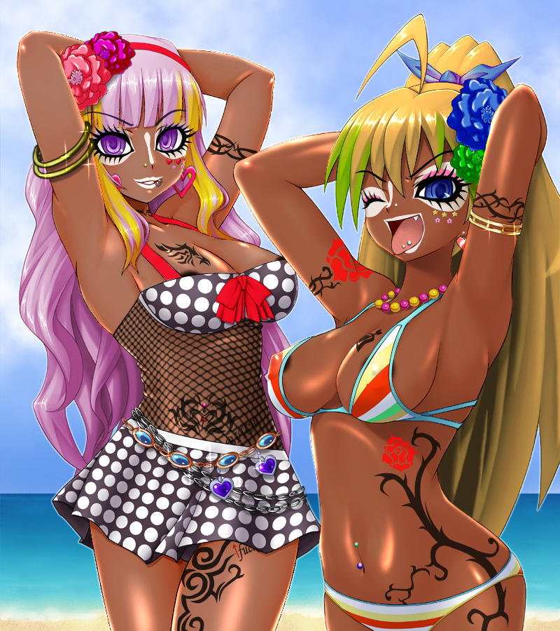 2girls armpits body_writing bra cleavage dark-skinned_female dark_skin eyeshadow fishnets ganaha_hibiki ganguro gyaru idolmaster lipstick miniskirt multicolored_hair multiple_girls nipple_slip nipples open_mouth outdoors panties photoshop pubic_hair shijou_takane skirt smell tattoo tongue tongue_out wink yamanba