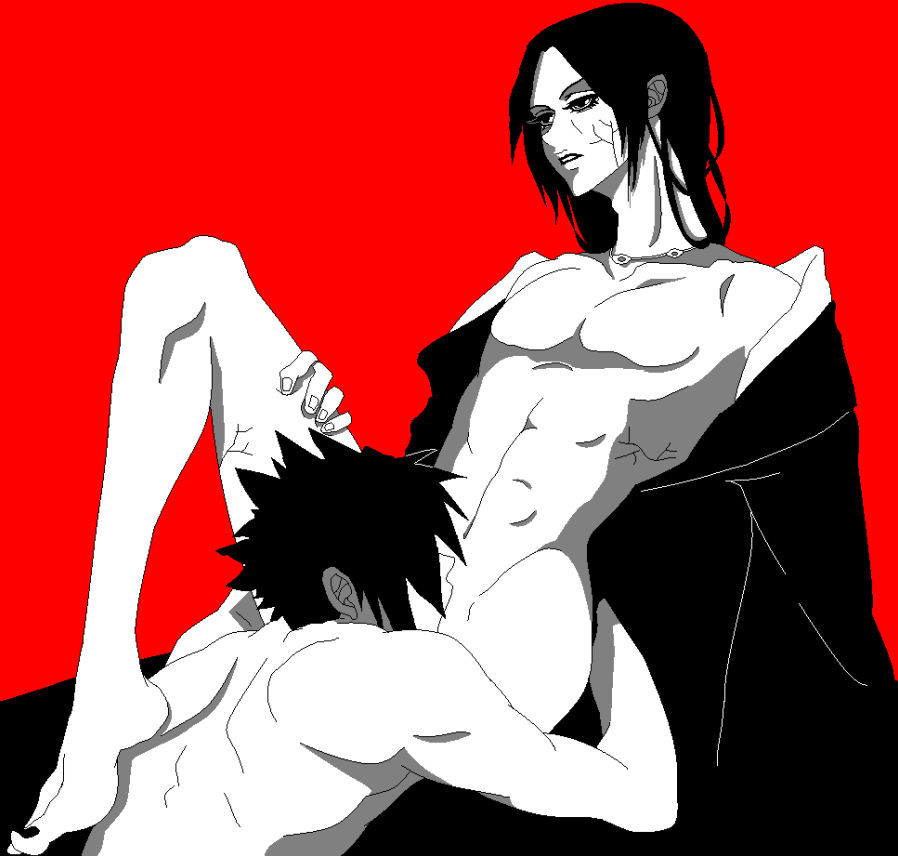 akatsuki akatsuki_(naruto) black_eyes black_hair brother brothers cloak human incest jewelry male male_only monochrome multiple_males naruto narzis5638 necklace nude oral red_background sasuke_uchiha siblings uchiha_itachi yaoi