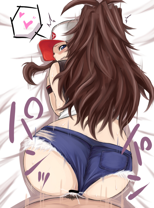 ass blush brown_hair censored cum dat_ass doggy_style female from_behind hat heart hilda_(pokemon) human looking_back male pokemon sex shorts straight wrist_band wristband yuutai