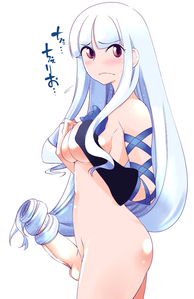 1futa blue_hair blush breasts covering covering_breasts erection frown futa_only futanari glove hair hairjob huge_cock intersex katanagatari long_hair nude nude_cover penis red_eyes simple_background solo testicles togame touge_hiro