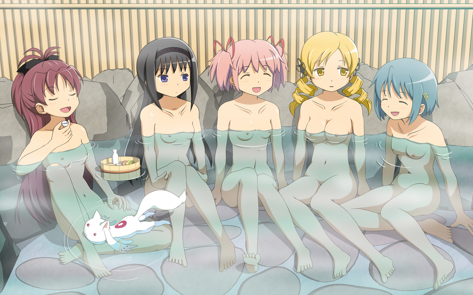 5girls akemi_homura casual_nudity censored closed_eyes completely_nude convenient_censoring cute_fang drill_hair female female_only highres hiraizumi_(mugenkidousha) human kyuubee madoka_kaname mahou_shoujo_madoka_magica miki_sayaka mugenki multiple_girls nude onsen public_bath sake sakura_kyouko sitting tomoe_mami water