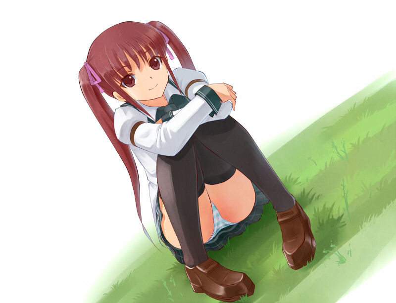 brown_hair hair_ribbon kakuno long_hair original panties pantyshot pantyshot_(sitting) pantyshot_sitting plaid ribbon school_uniform shimapan sitting skirt solo striped striped_panties tartan thighhighs tied_hair twintails underwear upskirt