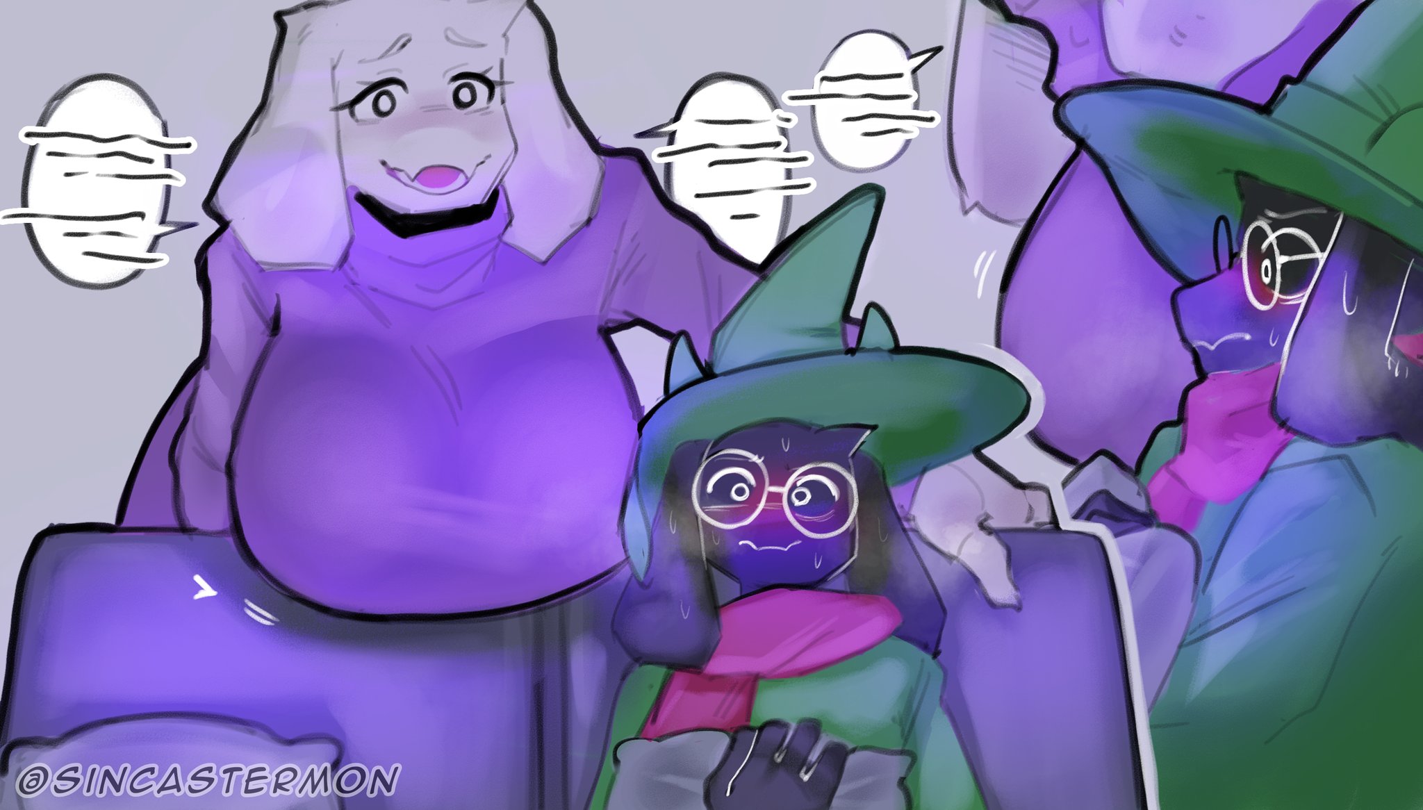 1boy, 1girls, big breasts, blush, breasts, breasts bigger than head, clothed, clothed female, clothed male, clueless, deltarune, female, hi res, huge breasts, large breasts, looking away, male, massive breasts, ralsei, ralsei with black fur, sincastermon, steam, sweat, tagme, toriel, undertale (series)