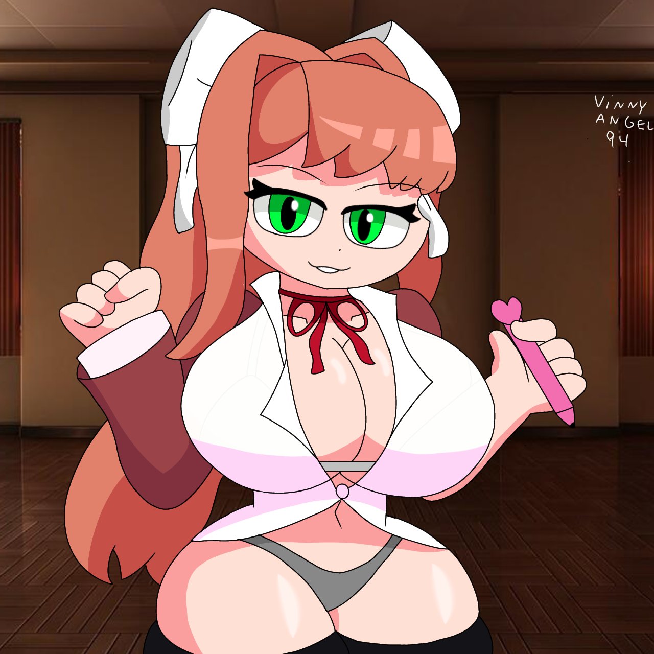 1girls 5_fingers alternate_breast_size big_breasts breasts cleavage doki_doki_literature_club female green_eyes grey_thong heart_pen huge_breasts long_hair monika_(doki_doki_literature_club) monika_hd navel pen shirt thick thick_thighs thighs thong vinny_angel94